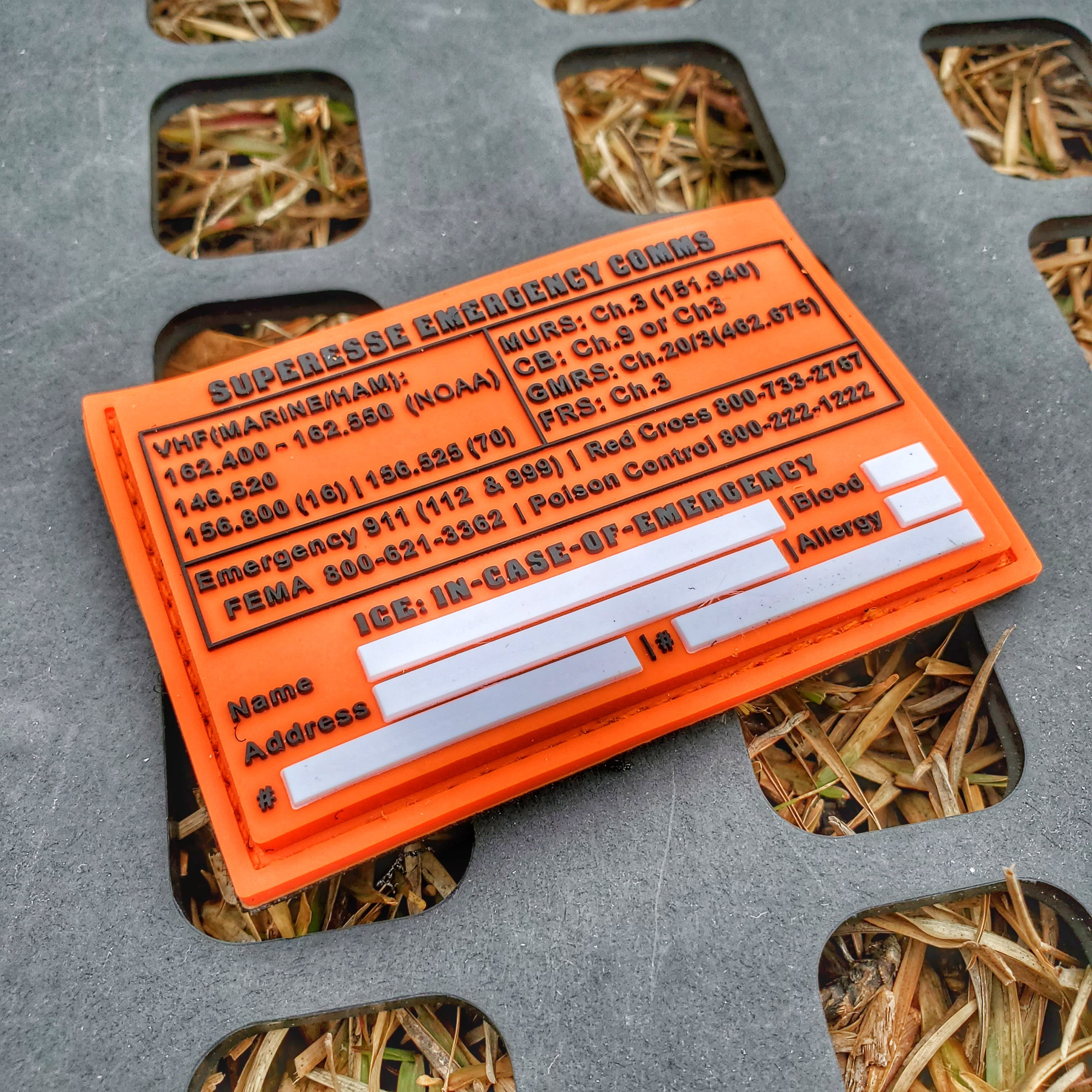 Storage Pocket Patch: Emergency Comms with Radio Frequency/Channel and Telephone Contact Numbers, ICE Card