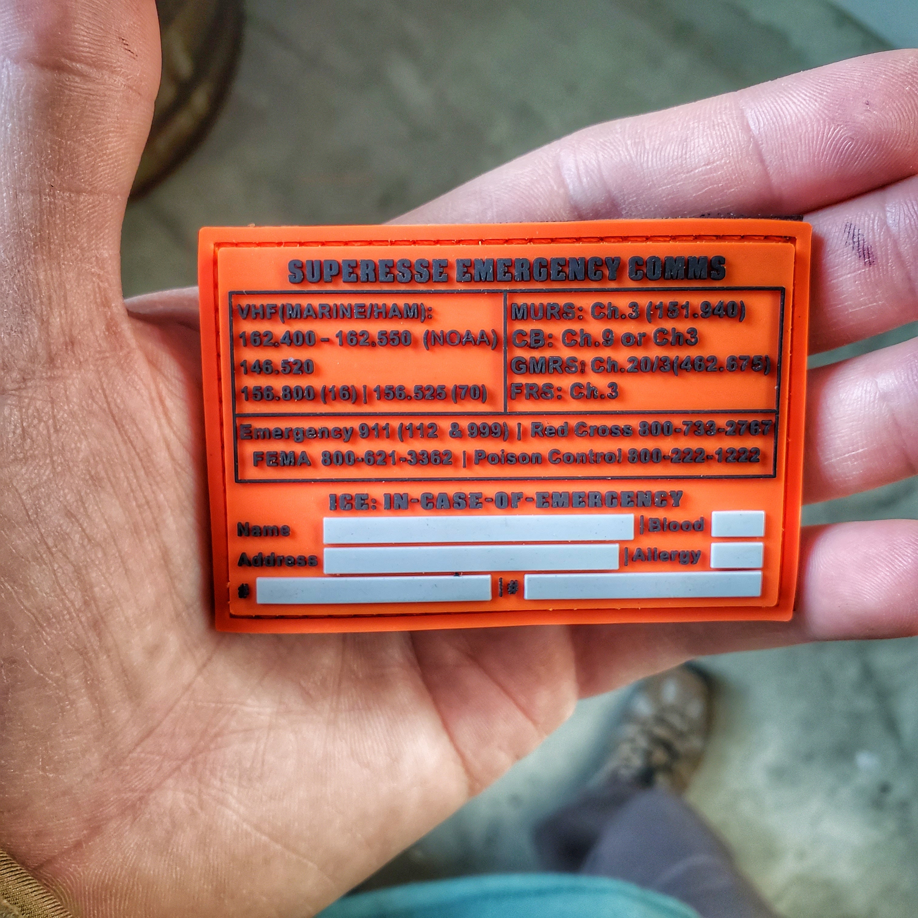 Storage Pocket Patch: Emergency Comms with Radio Frequency/Channel and Telephone Contact Numbers, ICE Card