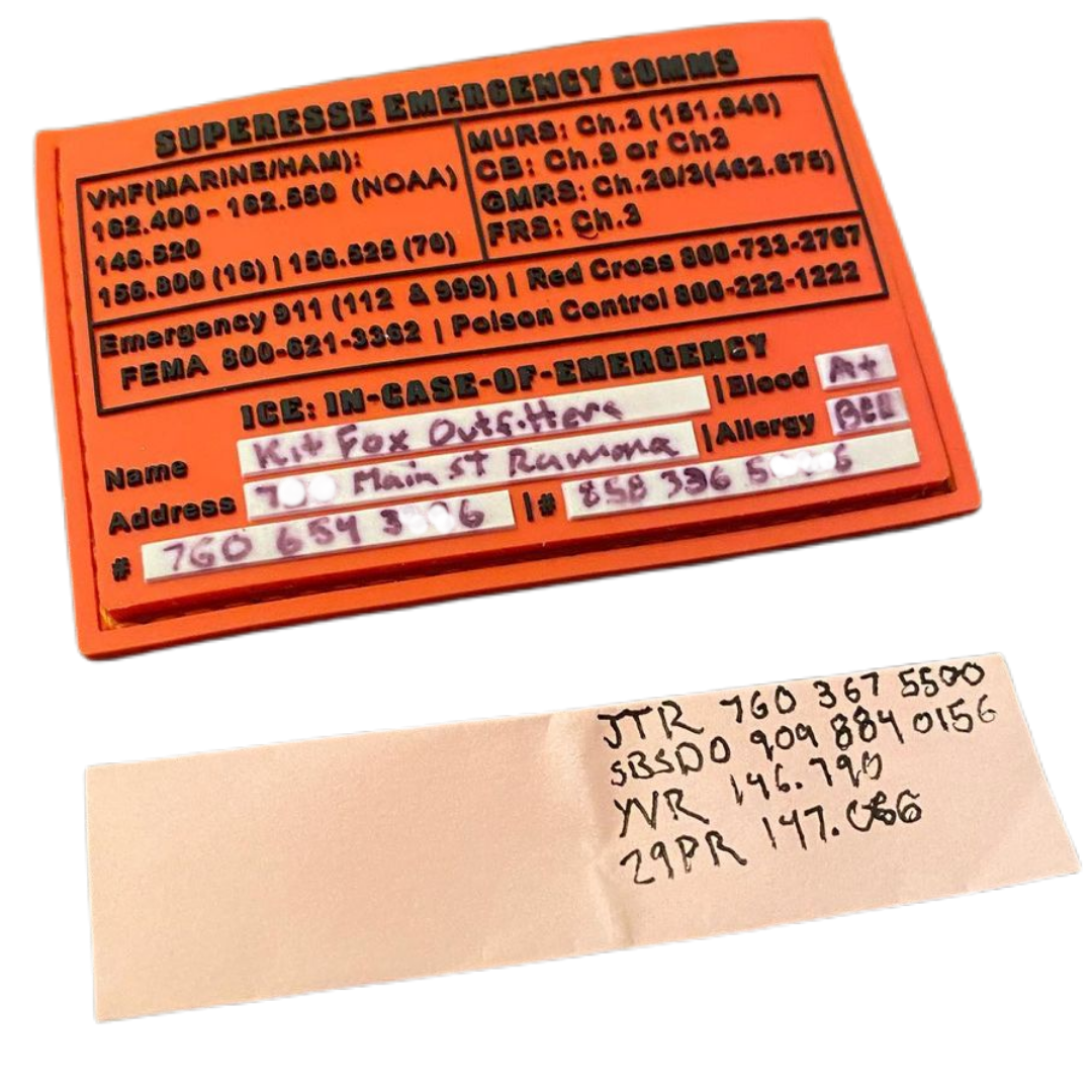 Storage Pocket Patch: Emergency Comms with Radio Frequency/Channel and Telephone Contact Numbers, ICE Card