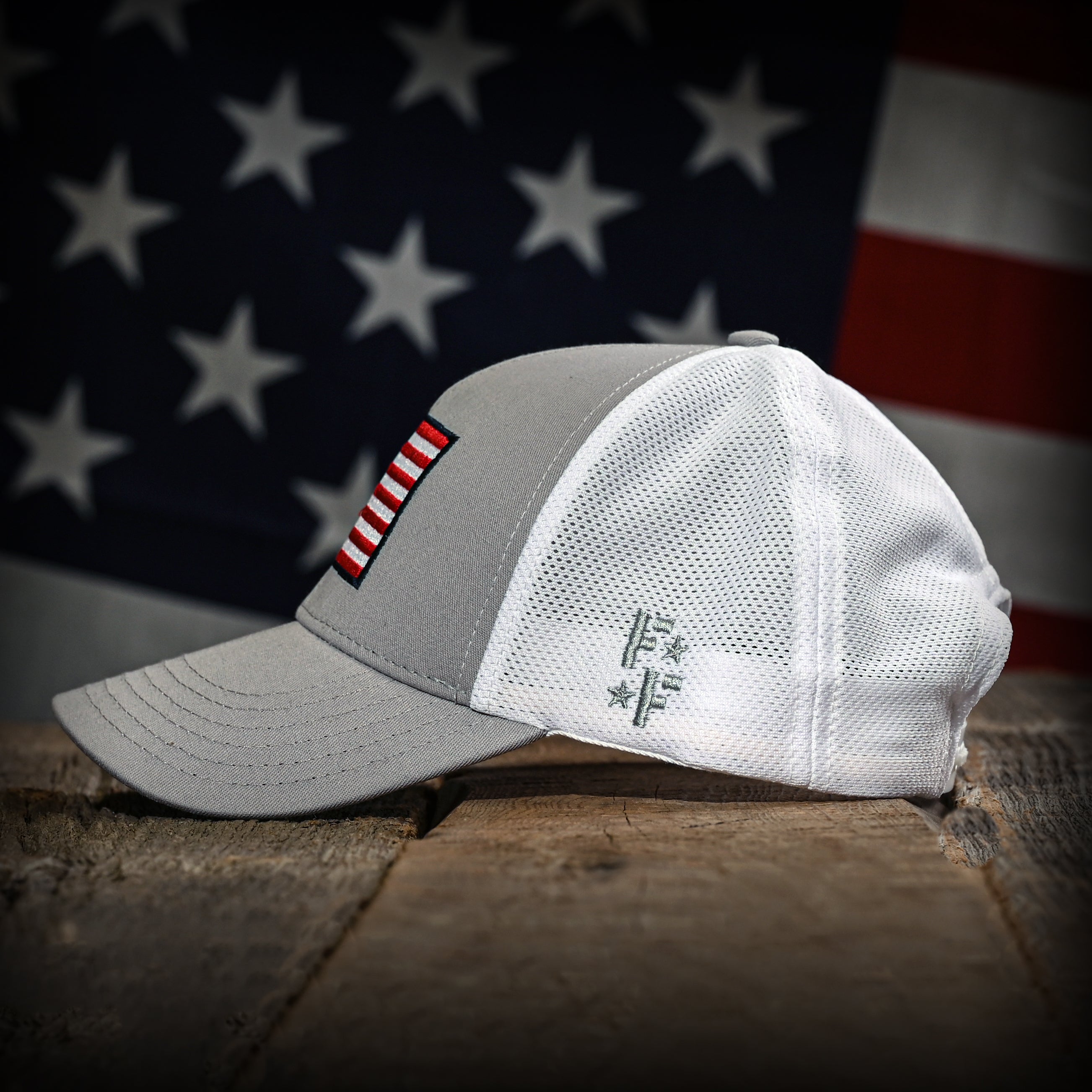 Gray & White Mesh-Back American Flag Trucker Hat
