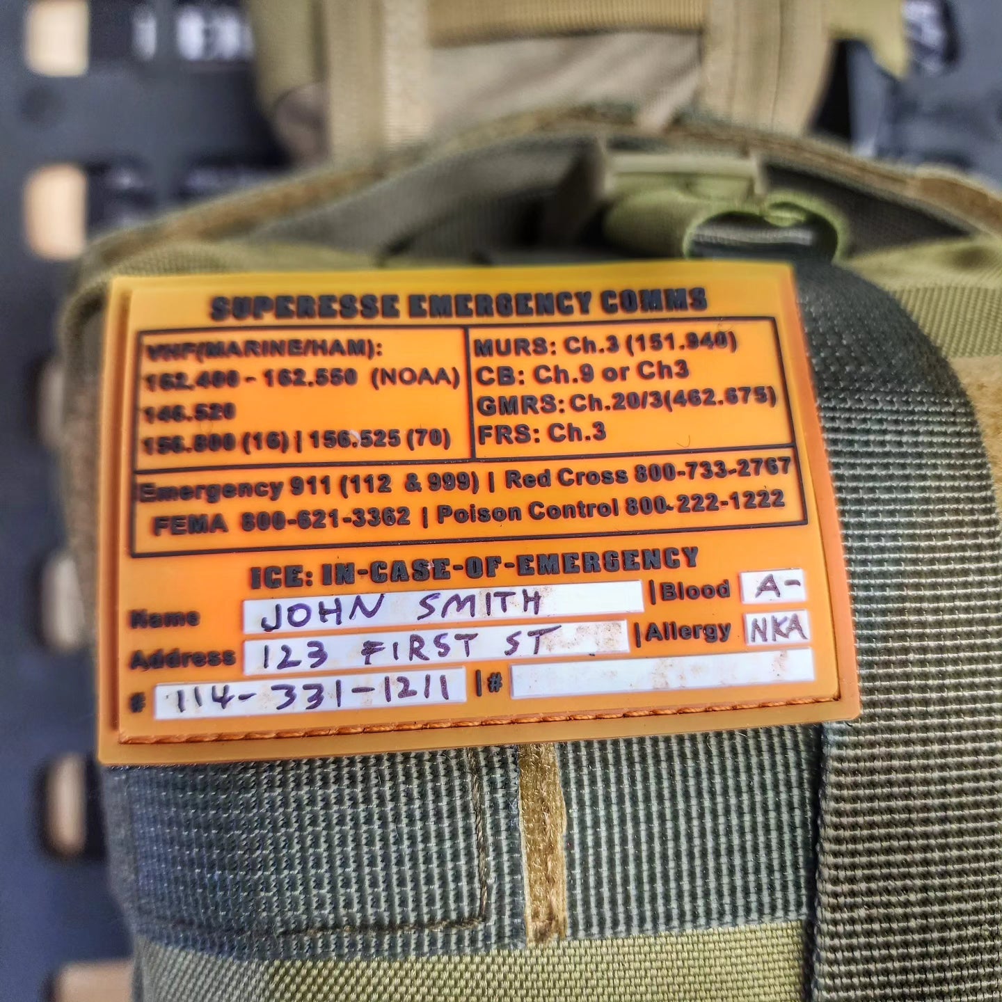 Storage Pocket Patch: Emergency Comms with Radio Frequency/Channel and Telephone Contact Numbers, ICE Card