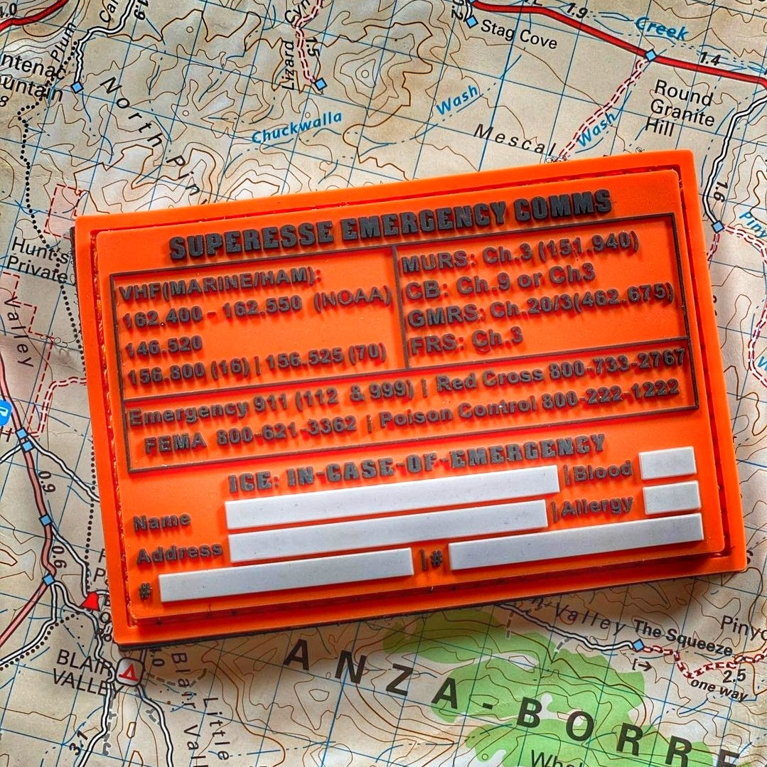 Storage Pocket Patch: Emergency Comms with Radio Frequency/Channel and Telephone Contact Numbers, ICE Card