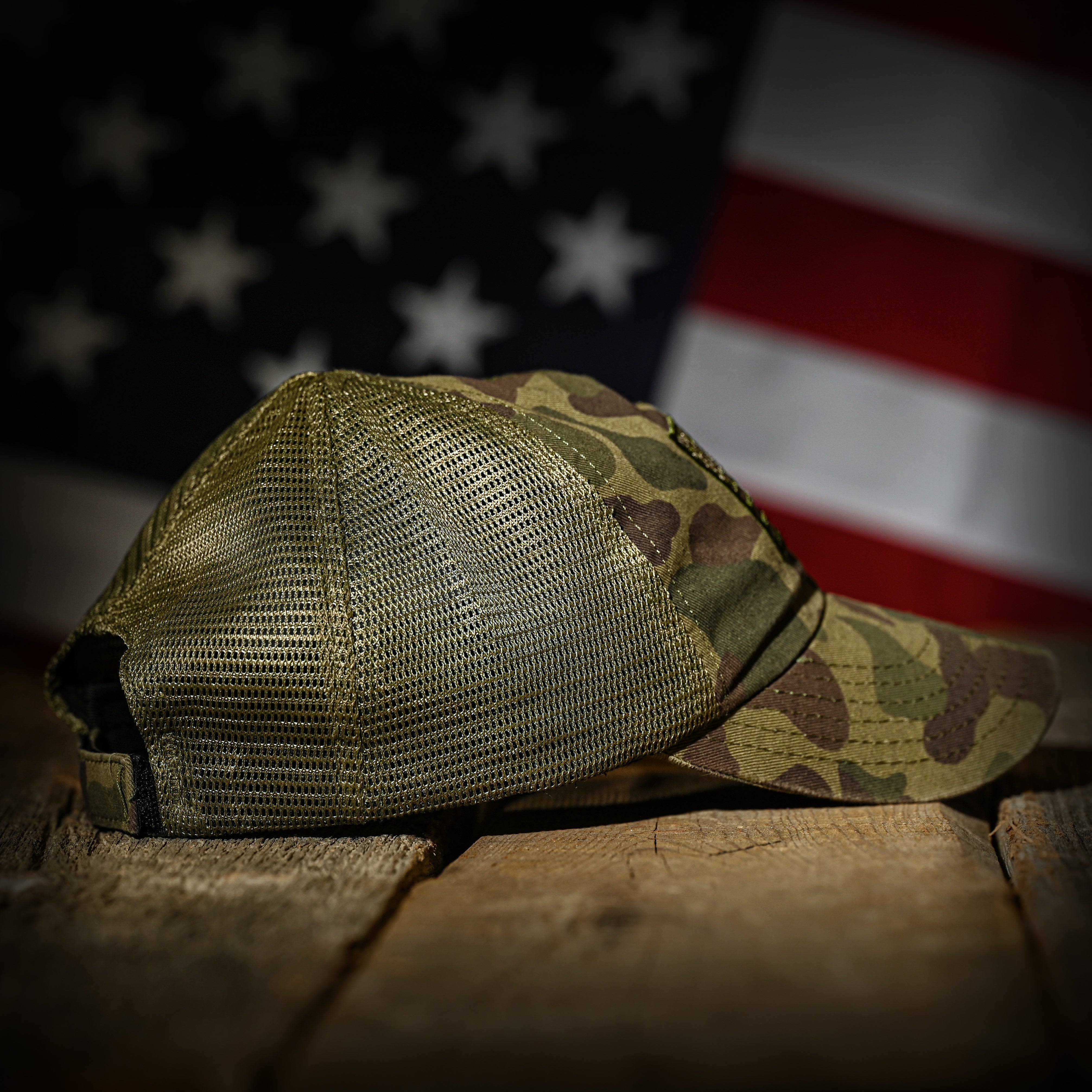 WWII FROG SKIN CAMO US FLAG RANGE TRUCKER HAT