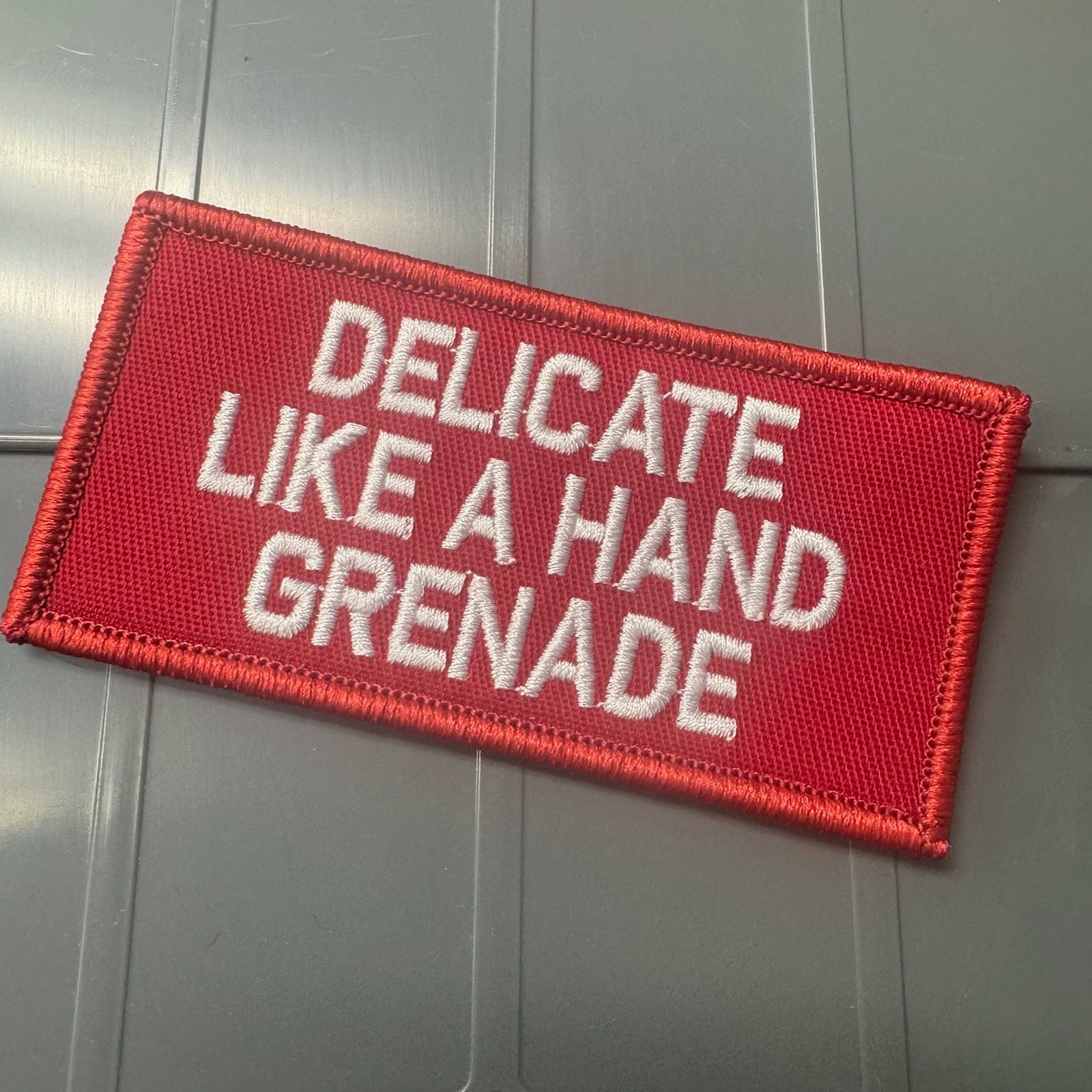 As Seen on Socials - Delicate Like A Hand Grenade - 2x4 Patch - Red w/white