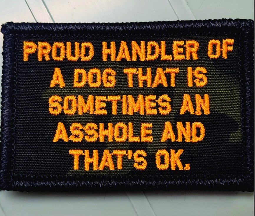 As Seen on Socials - Proud Handler of a Dog That is Sometimes an Asshole and That's Ok - 2x3 Patch - Black w/Orange