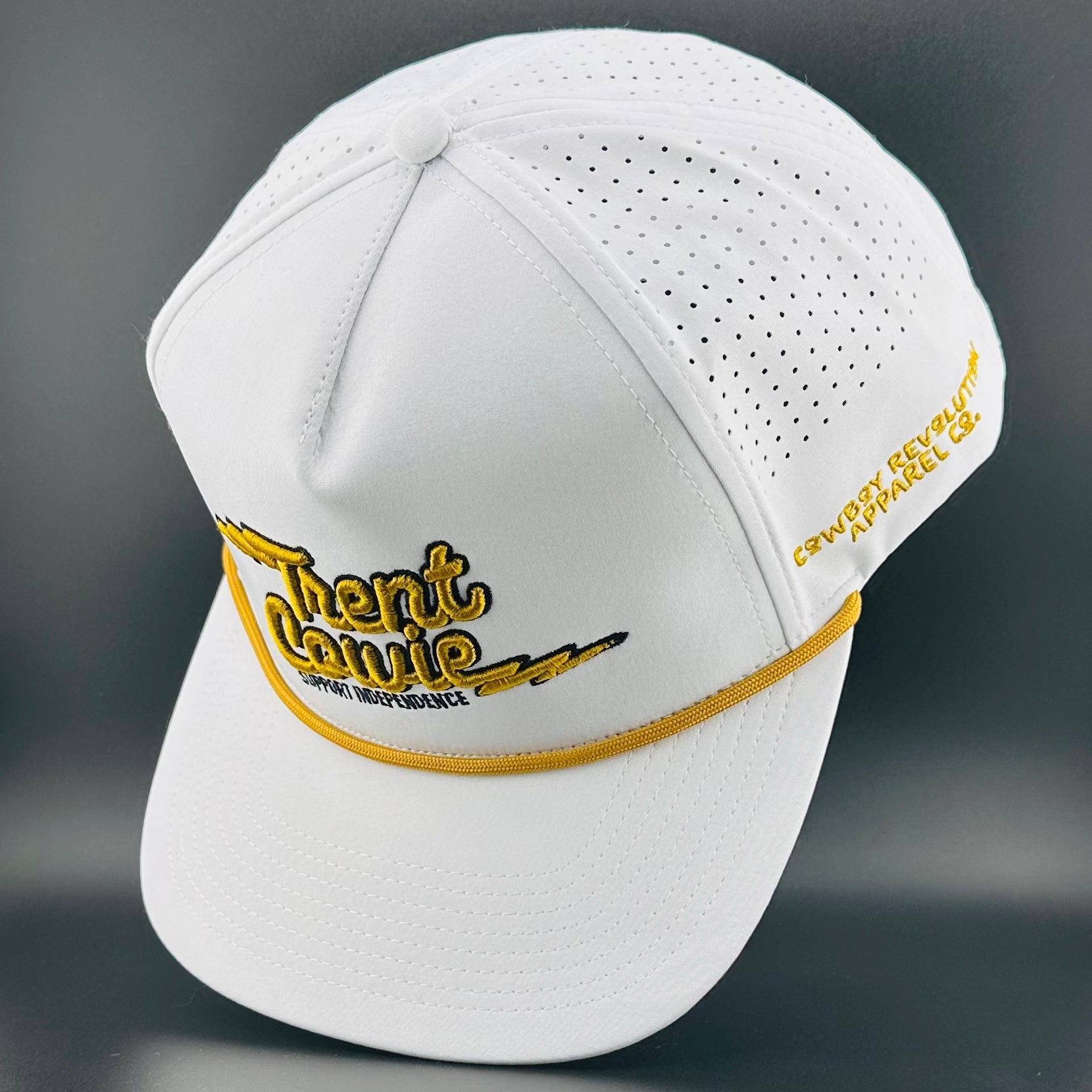 TRENT COWIE "SUPPORT INDEPENDENCE" PERFORMANCE HAT (WHITE & GOLD)