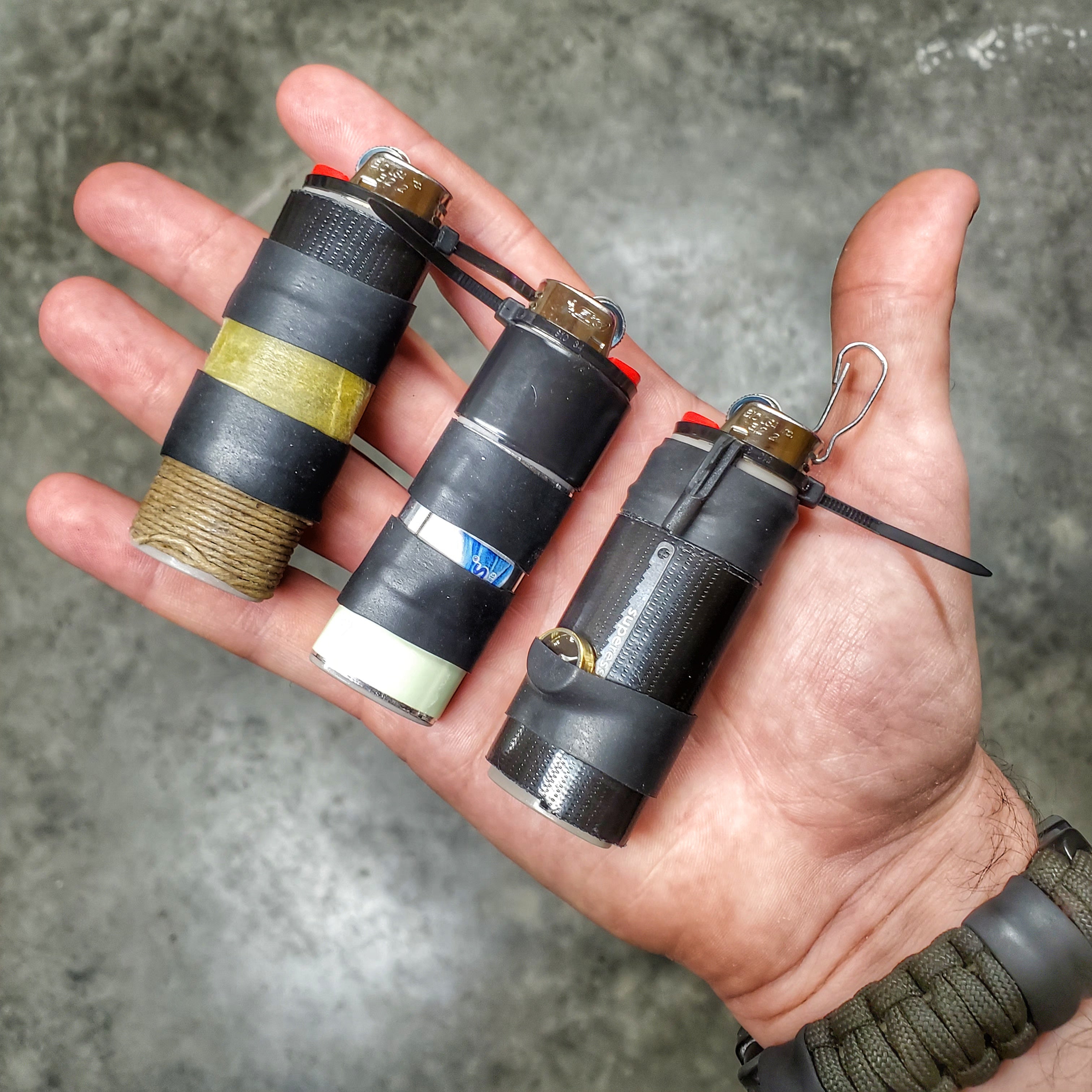 Survival Kit Lighter - Fire Starter outfitted with supplies.