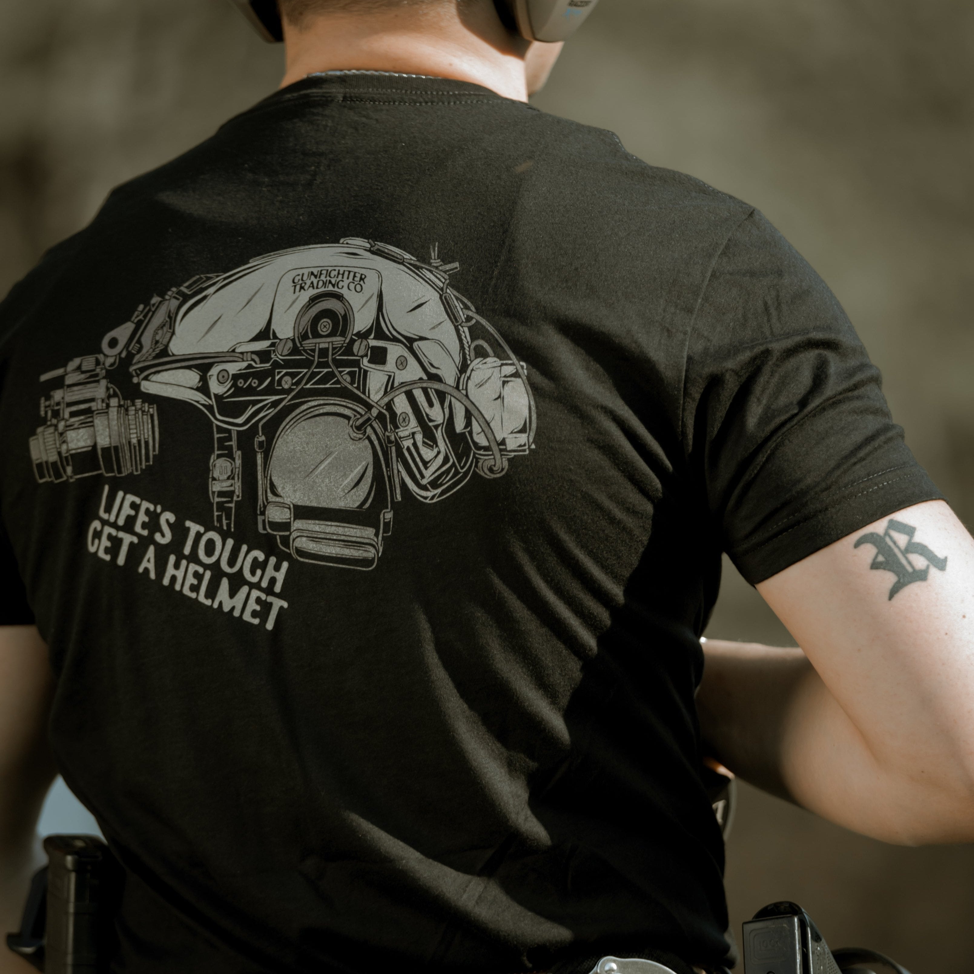 LIFE’S TOUGH GET A HELMET | BLACK T-SHIRT / GRAY HELMET