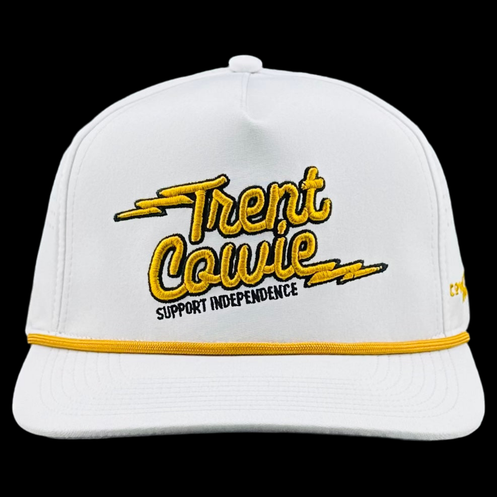 TRENT COWIE "SUPPORT INDEPENDENCE" PERFORMANCE HAT (WHITE & GOLD)