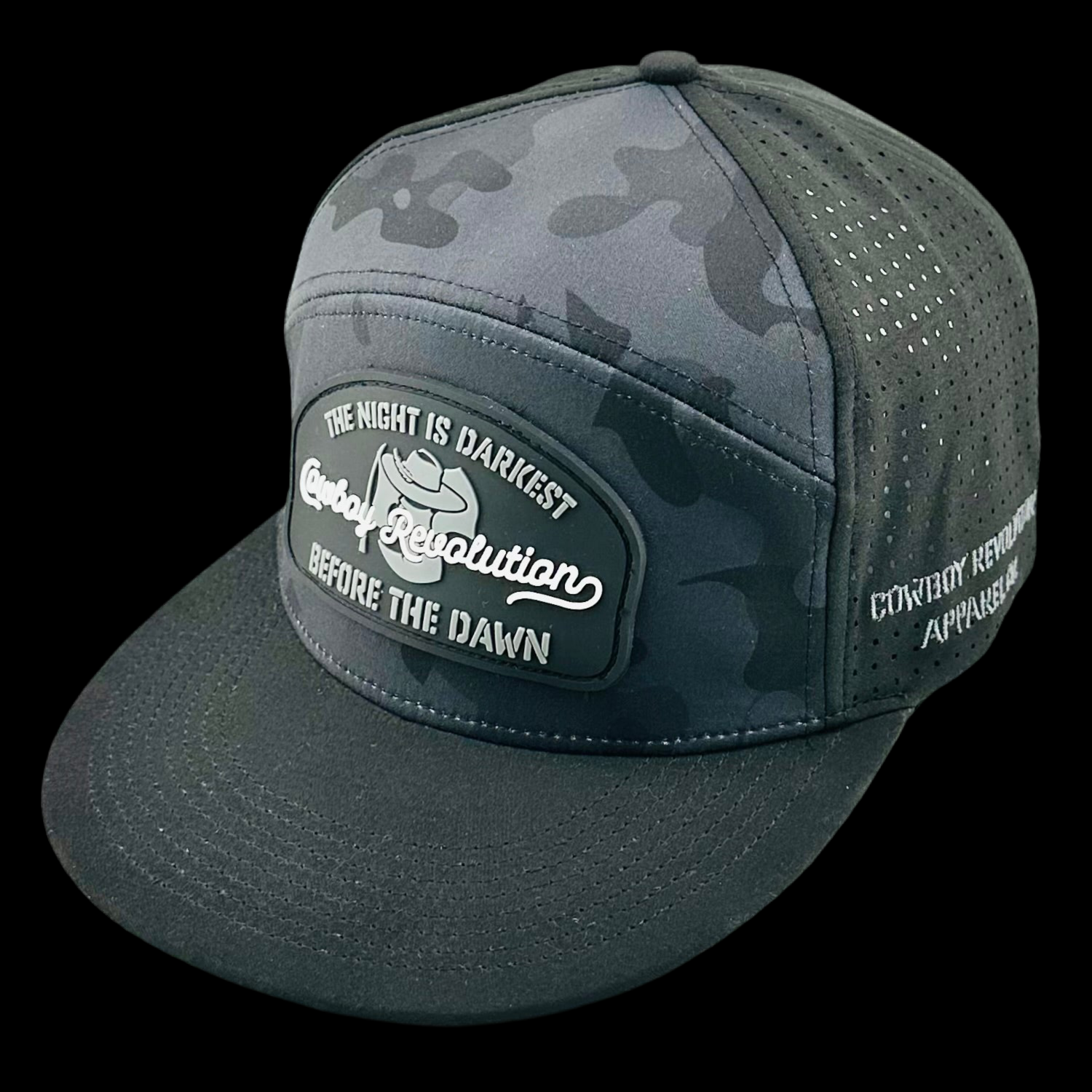 “BEFORE THE DAWN” DARK CAMO/BLACK FLATBILL HAT