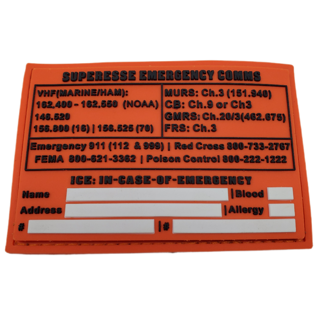 Storage Pocket Patch:  Emergency Comms with Radio Frequency/Channel and Telephone Contact Numbers, ICE Card