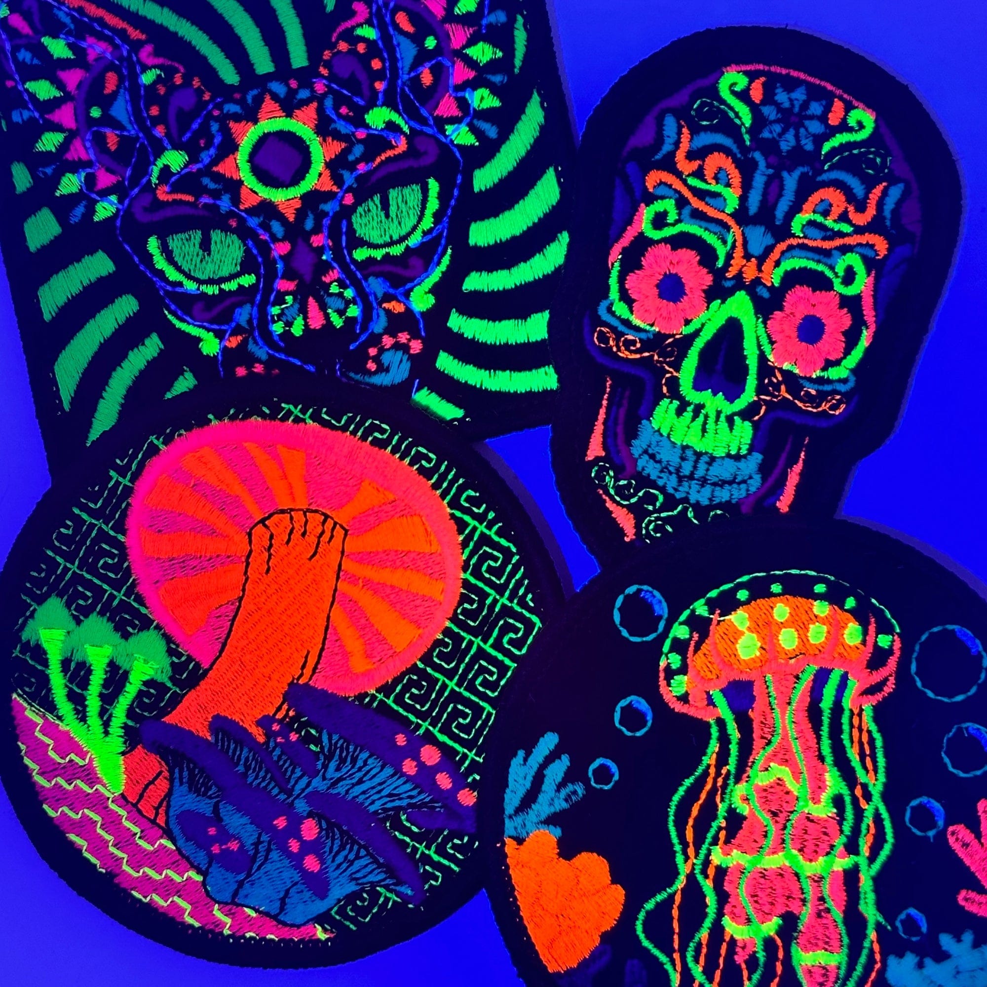 Blacklight Dark Blacklight Sugar Skull Velvet Patch - Amp Up Your Gear with Trippy, Eye-Catching Fluorescent Thread Magic