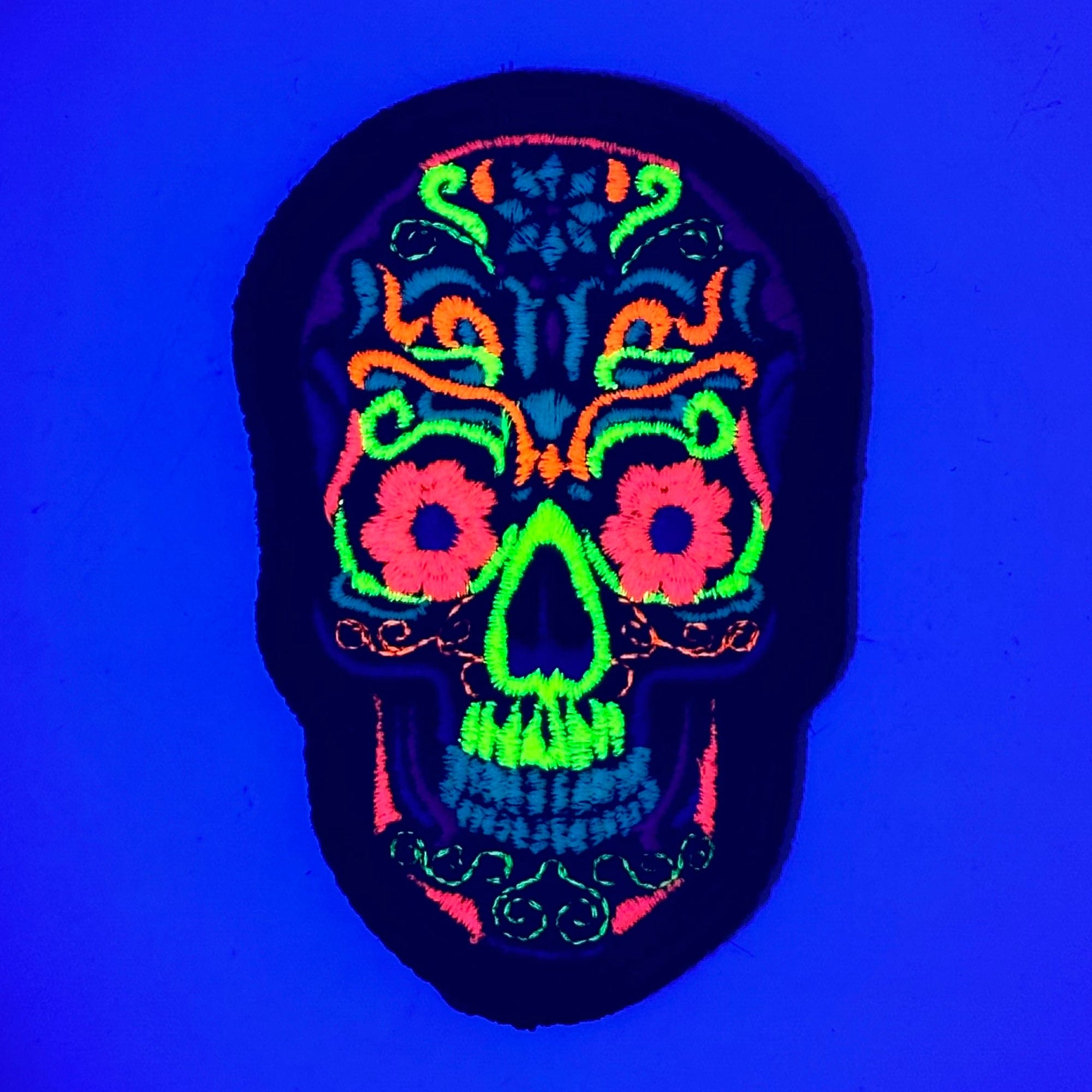 Blacklight Dark Blacklight Sugar Skull Velvet Patch - Amp Up Your Gear with Trippy, Eye-Catching Fluorescent Thread Magic