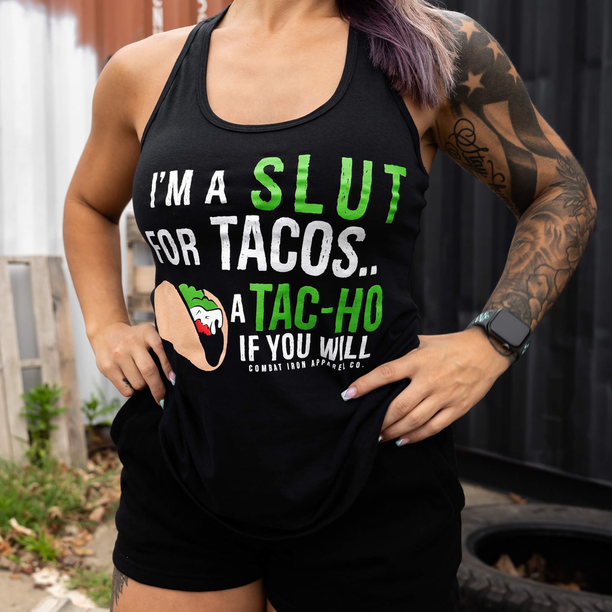 I'M A SLUT FOR TACOS. A TAC-HO IF YOU WILL WOMEN'S RACERBACK TANK