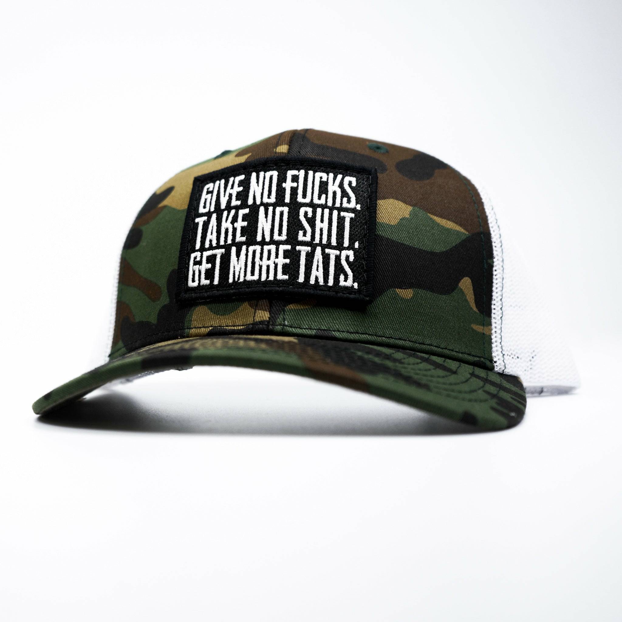 GIVE NO FUCKS. TAKE NO SHIT. GET MORE TATS. MID-PROFILE MESH SNAPBACK