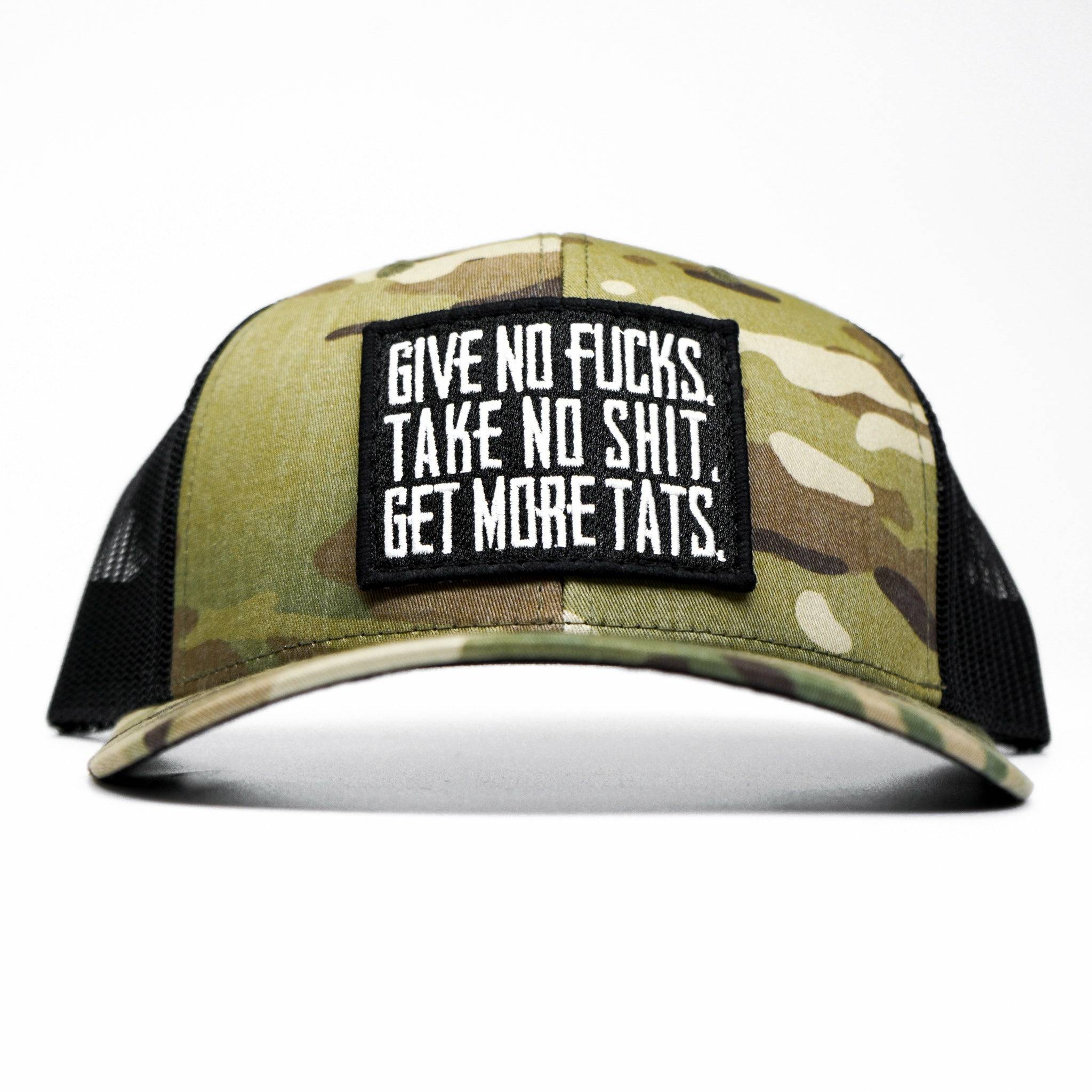 GIVE NO FUCKS. TAKE NO SHIT. GET MORE TATS. MID-PROFILE MESH SNAPBACK