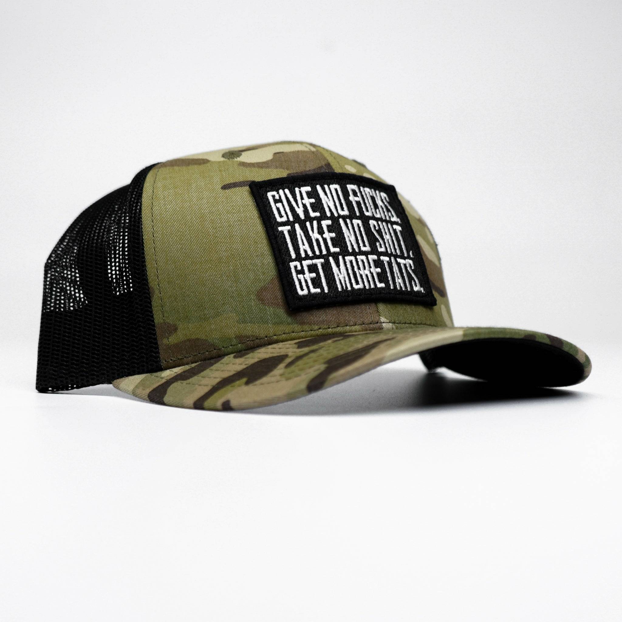 GIVE NO FUCKS. TAKE NO SHIT. GET MORE TATS. MID-PROFILE MESH SNAPBACK