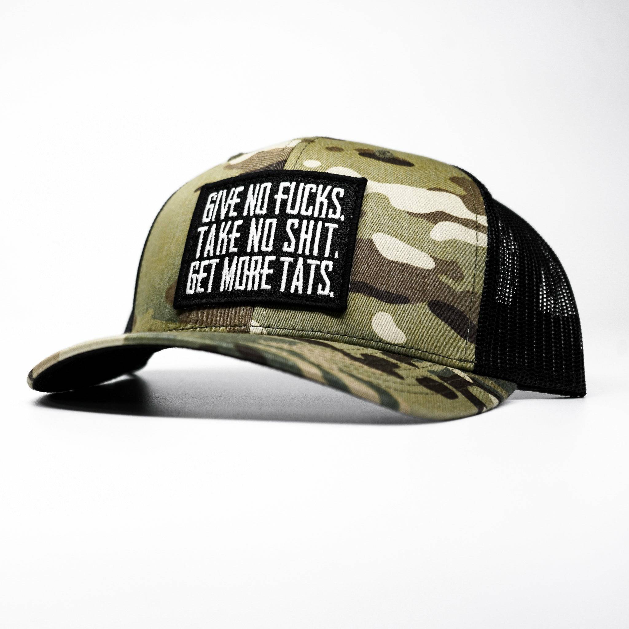 GIVE NO FUCKS. TAKE NO SHIT. GET MORE TATS. MID-PROFILE MESH SNAPBACK