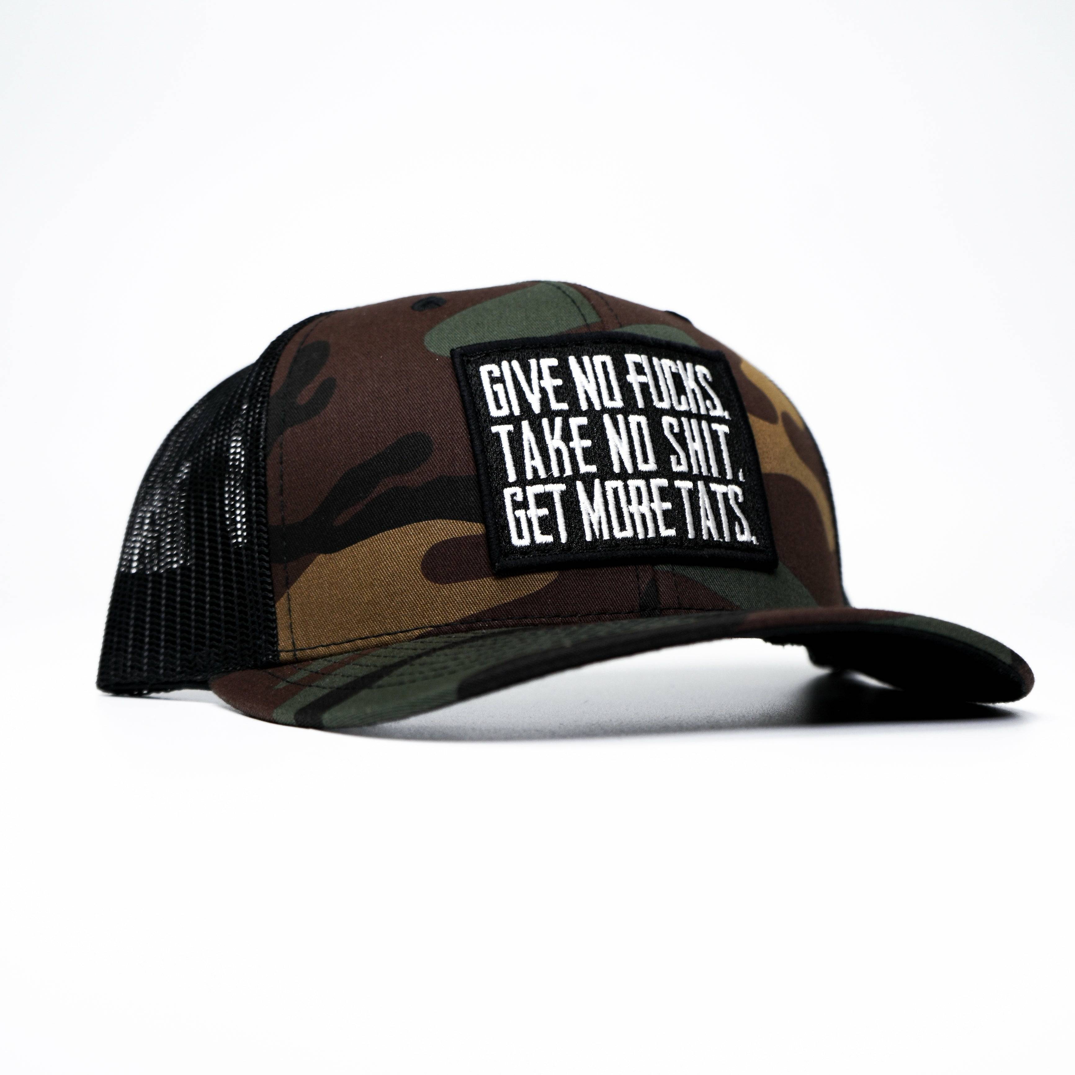 GIVE NO FUCKS. TAKE NO SHIT. GET MORE TATS. MID-PROFILE MESH SNAPBACK