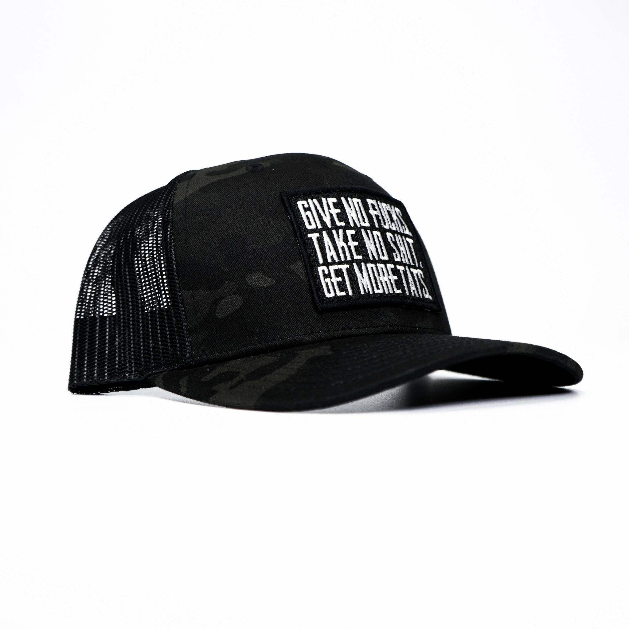 GIVE NO FUCKS. TAKE NO SHIT. GET MORE TATS. MID-PROFILE MESH SNAPBACK