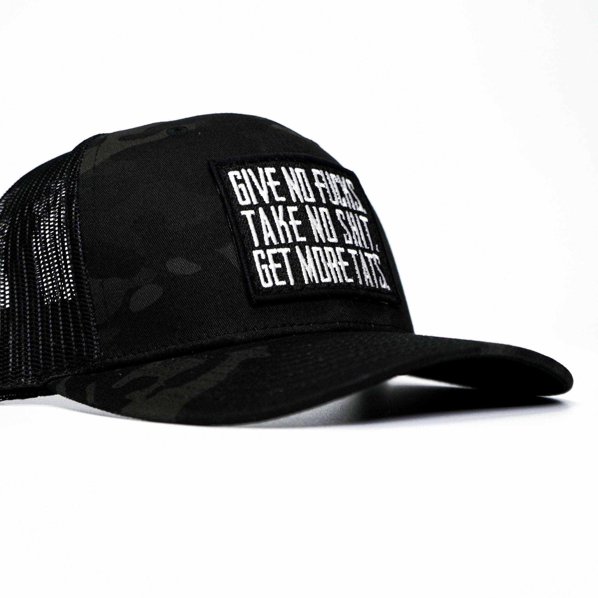 GIVE NO FUCKS. TAKE NO SHIT. GET MORE TATS. MID-PROFILE MESH SNAPBACK