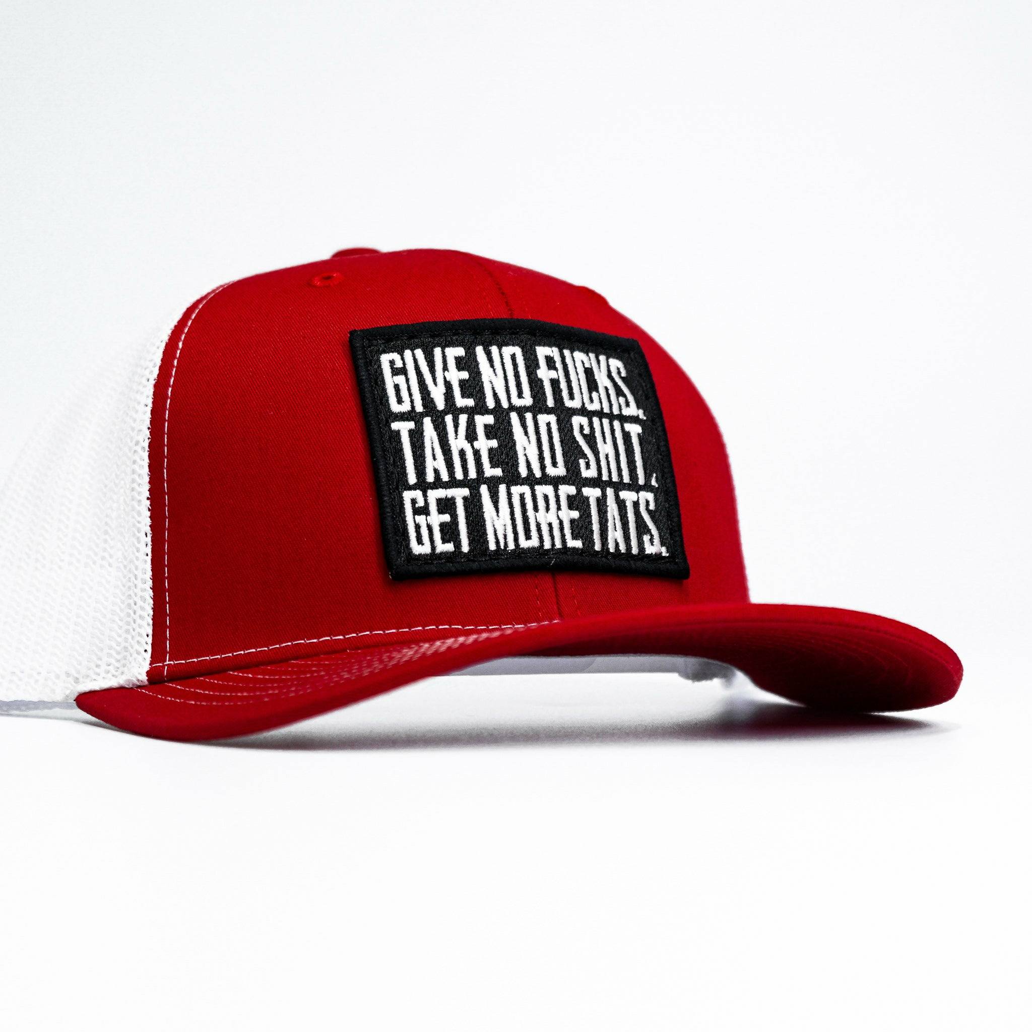 GIVE NO FUCKS. TAKE NO SHIT. GET MORE TATS. MID-PROFILE MESH SNAPBACK