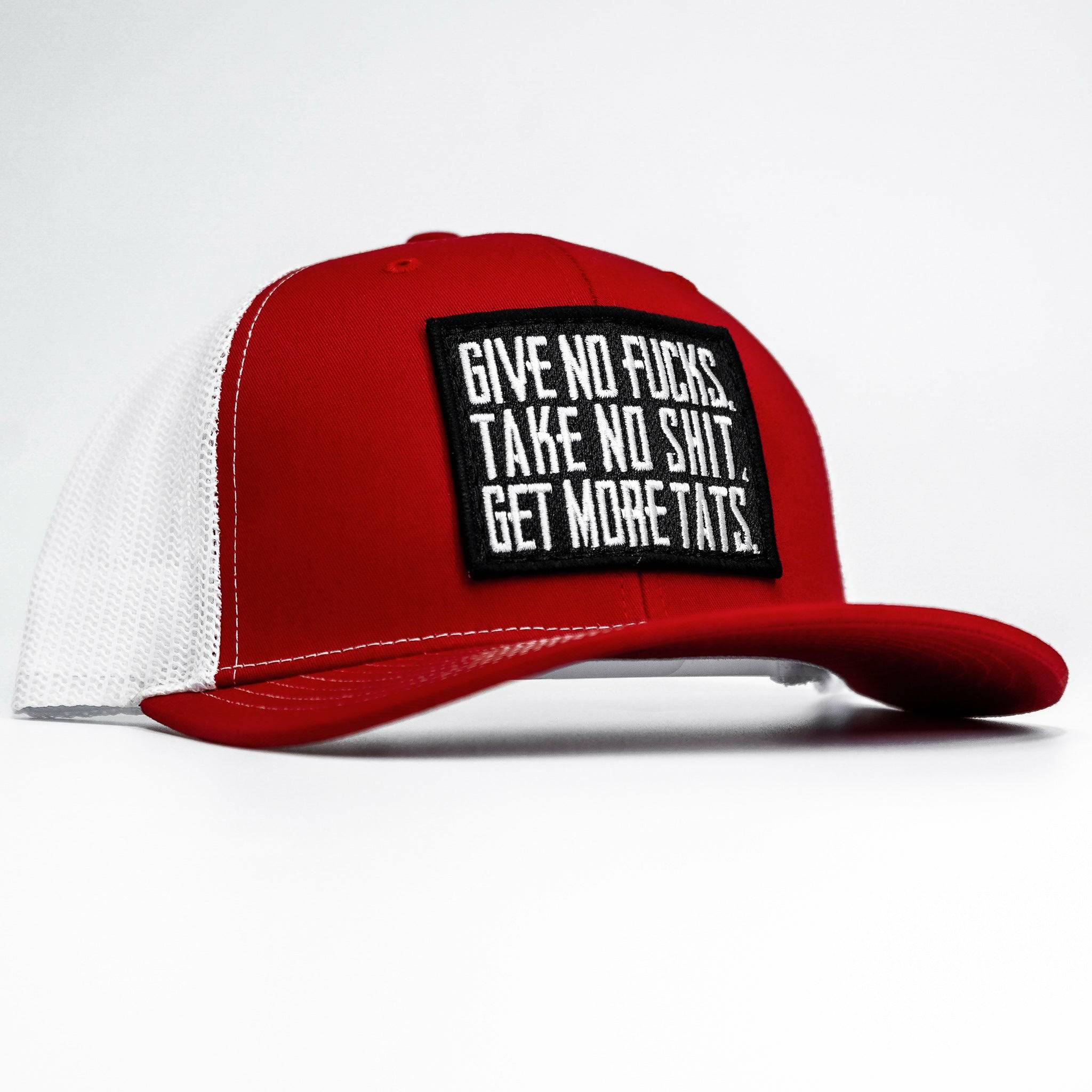 GIVE NO FUCKS. TAKE NO SHIT. GET MORE TATS. MID-PROFILE MESH SNAPBACK