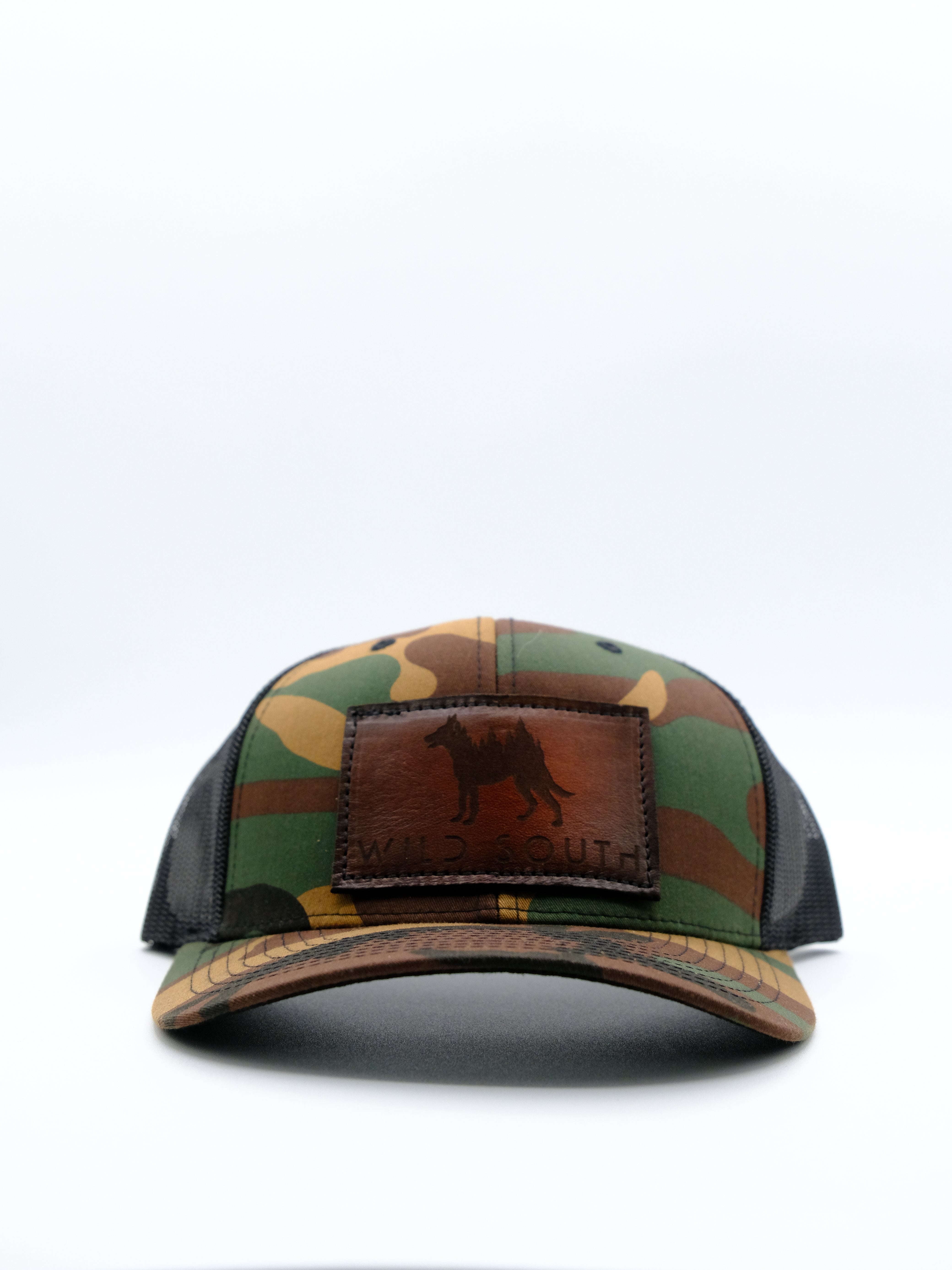 Green Camo/Black Leather Trucker