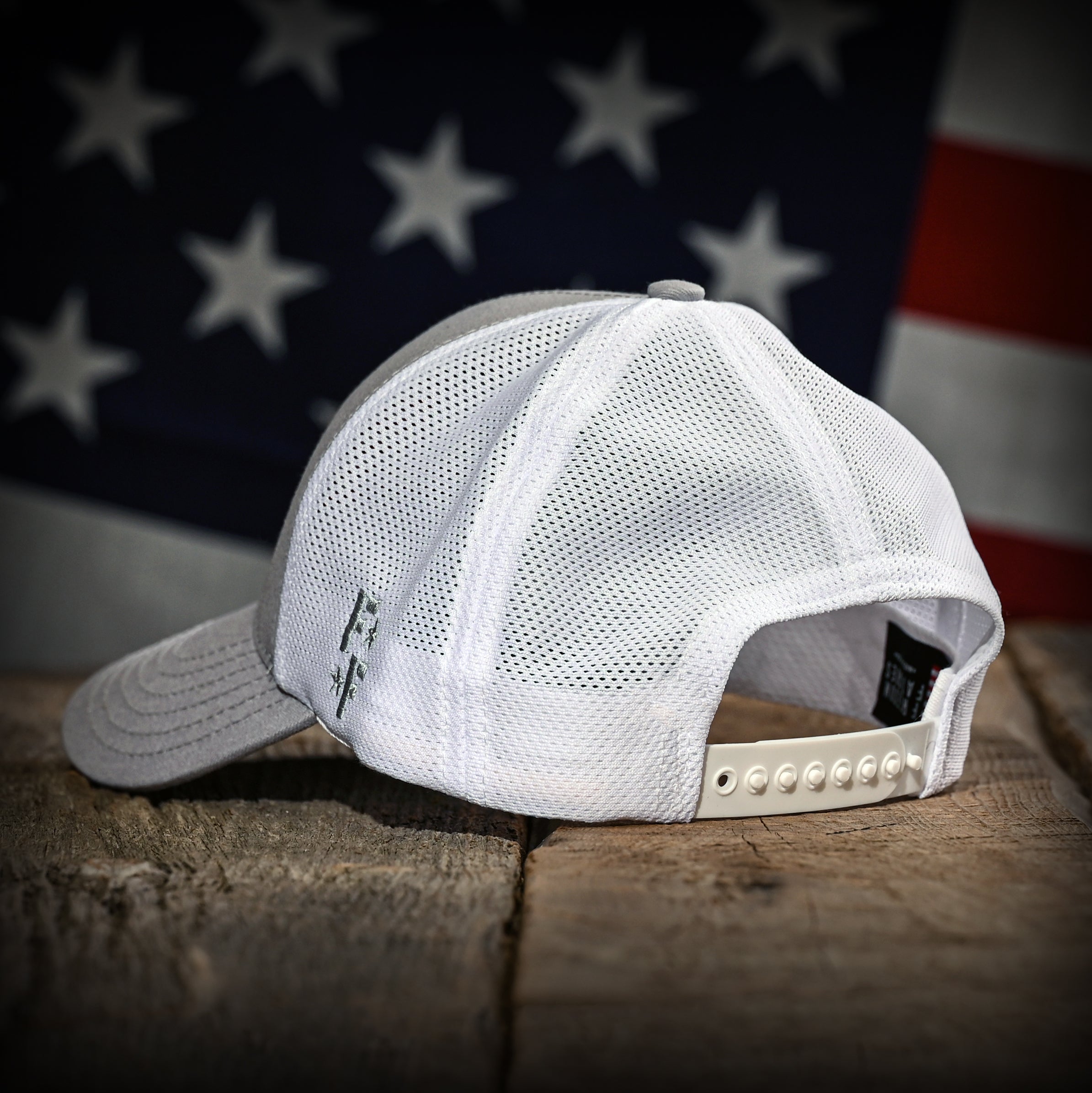 Gray & White Mesh-Back American Flag Trucker Hat