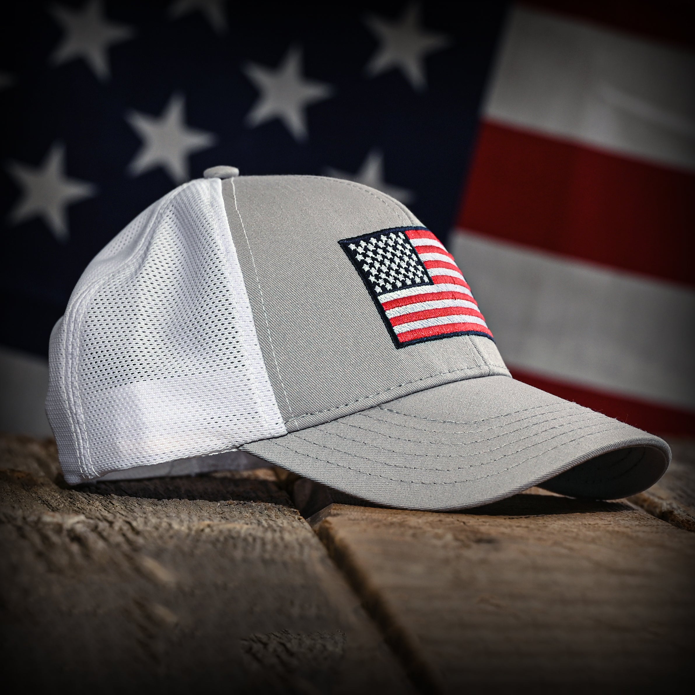 Gray & White Mesh-Back American Flag Trucker Hat