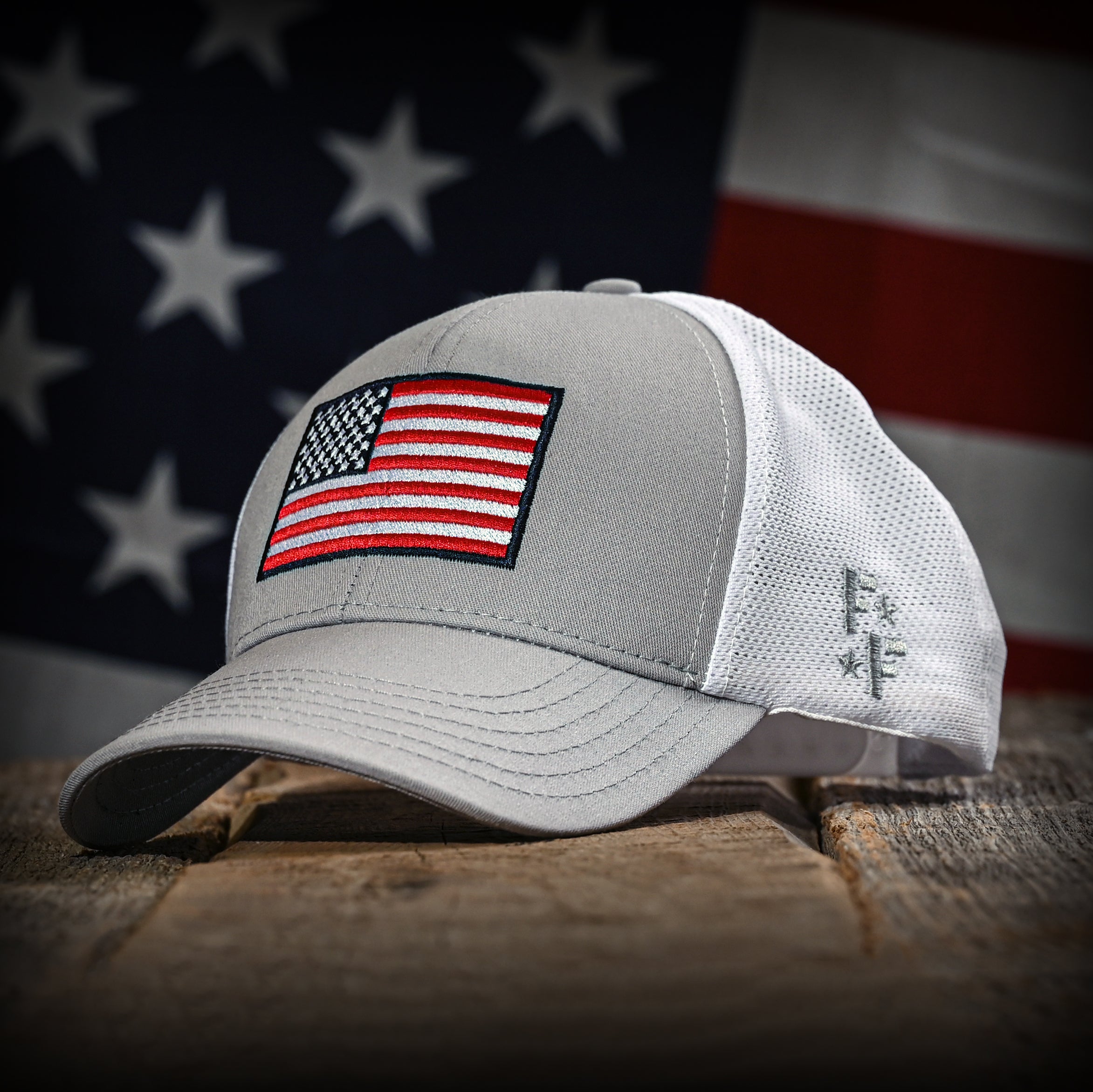 Gray & White Mesh-Back American Flag Trucker Hat