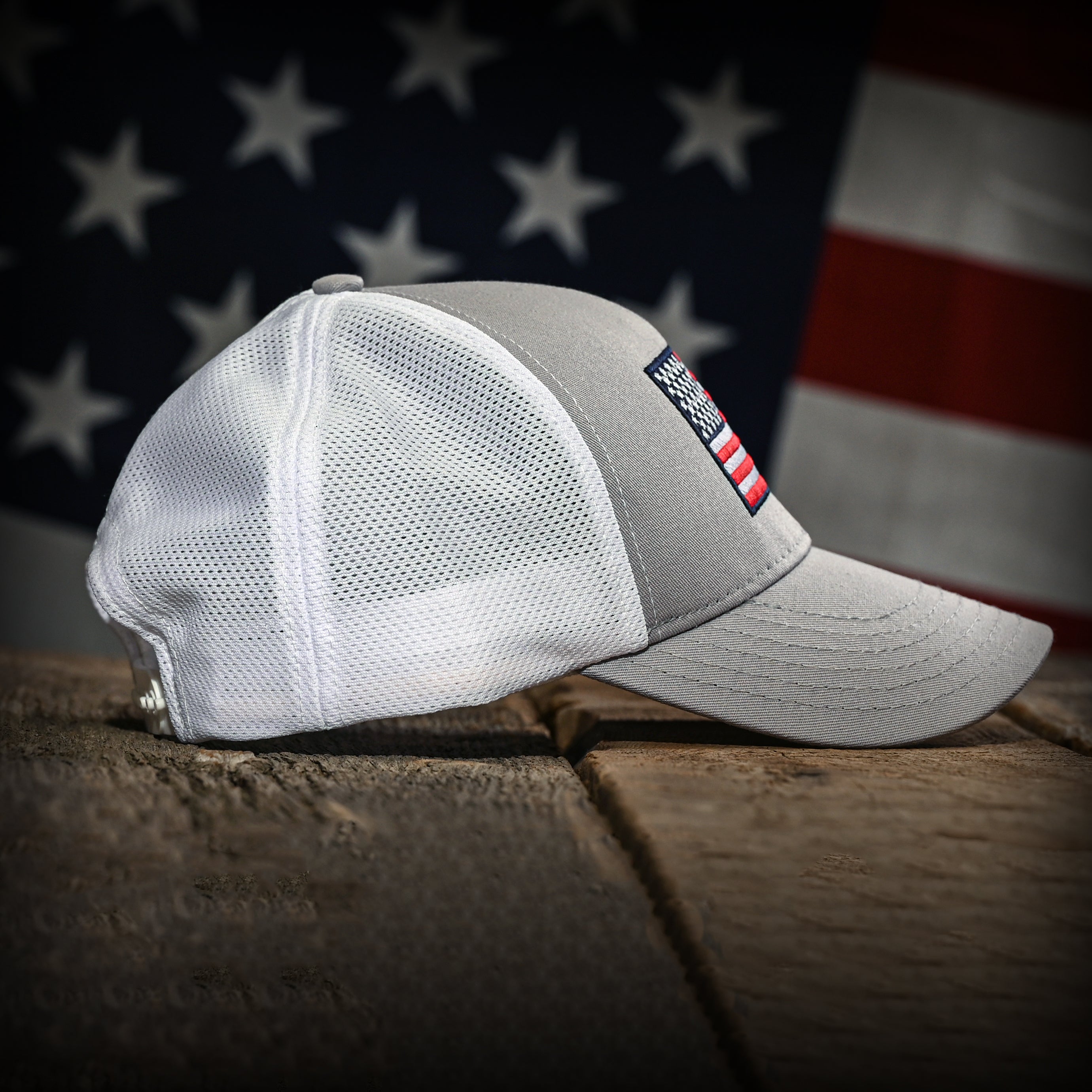 Gray & White Mesh-Back American Flag Trucker Hat