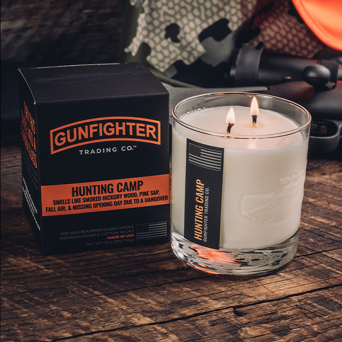 HUNTING CAMP CANDLE (EMBOSSED SCOPED RIFLE)