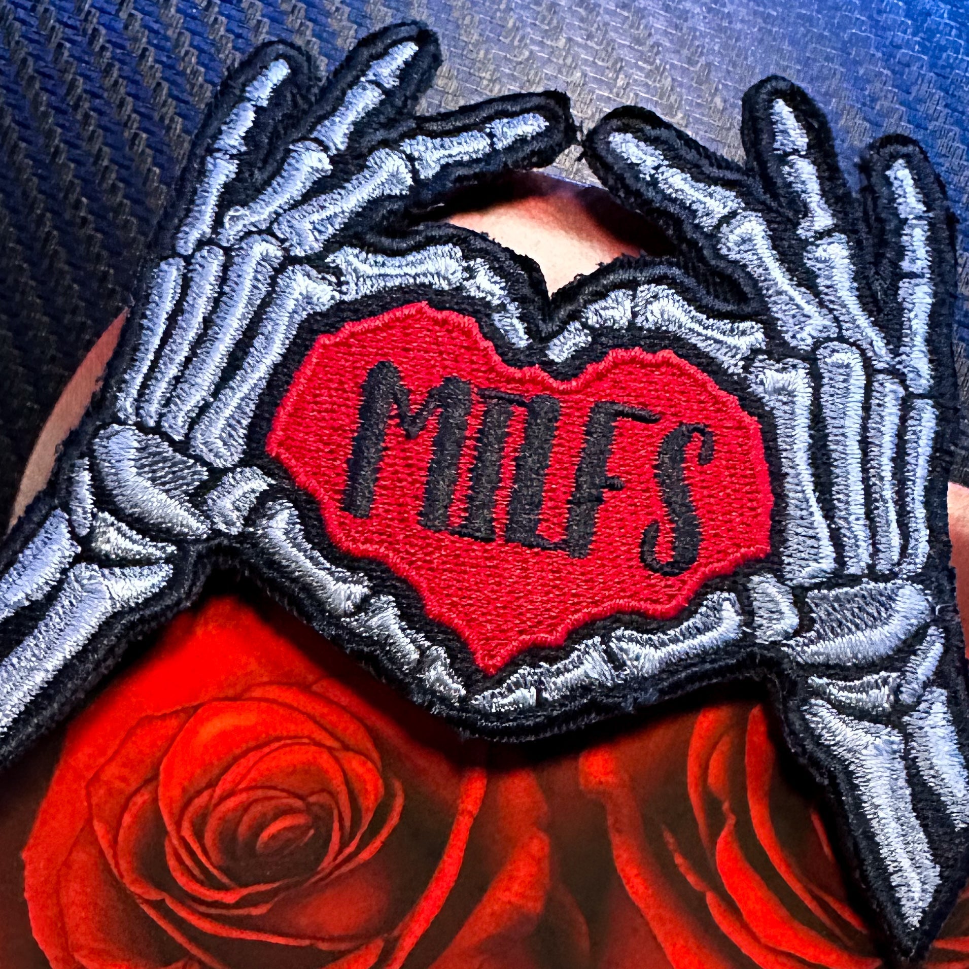 Everyone Loves Hot Moms - Skeleton Heart Hands Love MILFS -   Embroidered Patch