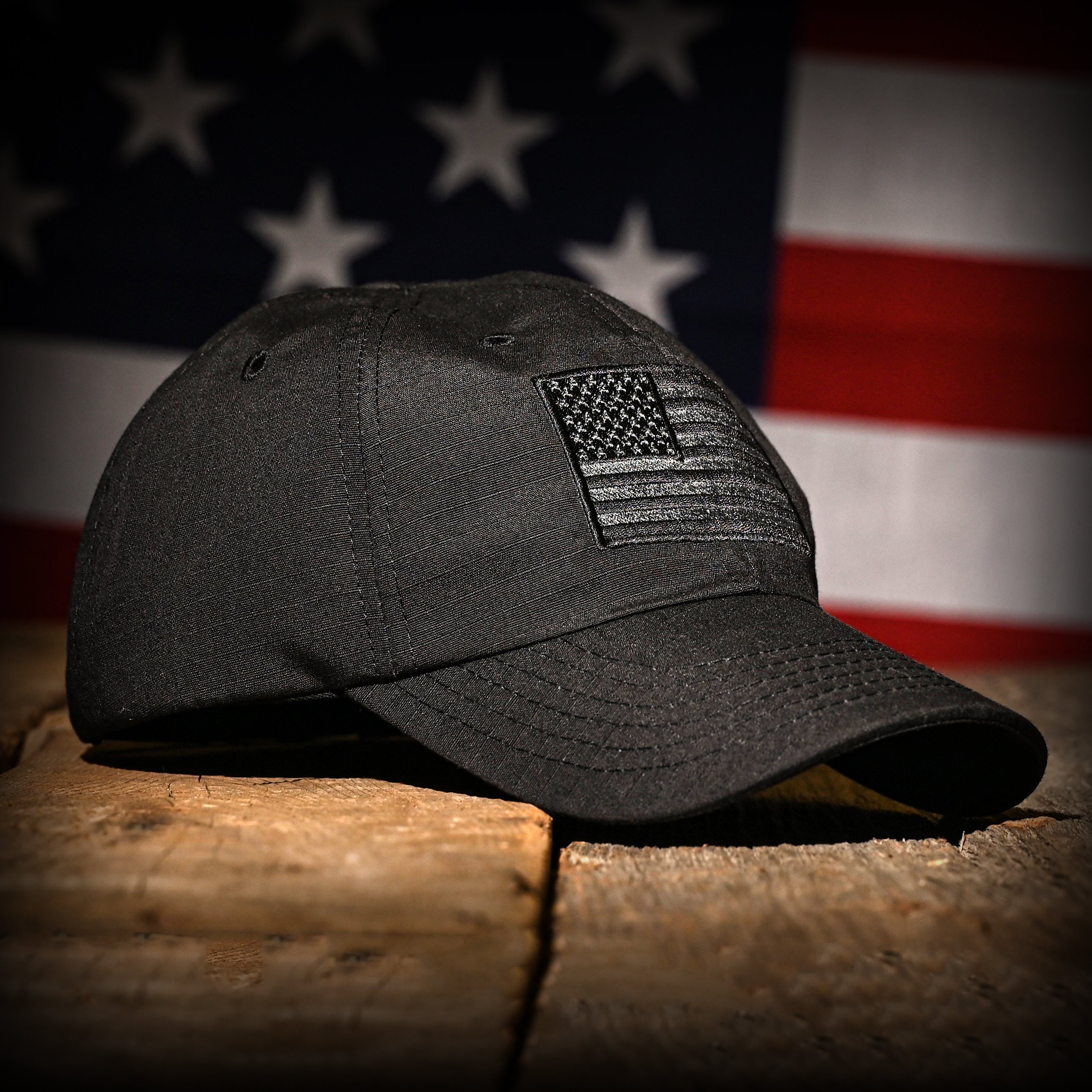 Murdered Out Black Ripstop Full Fabric American Flag Range Hat