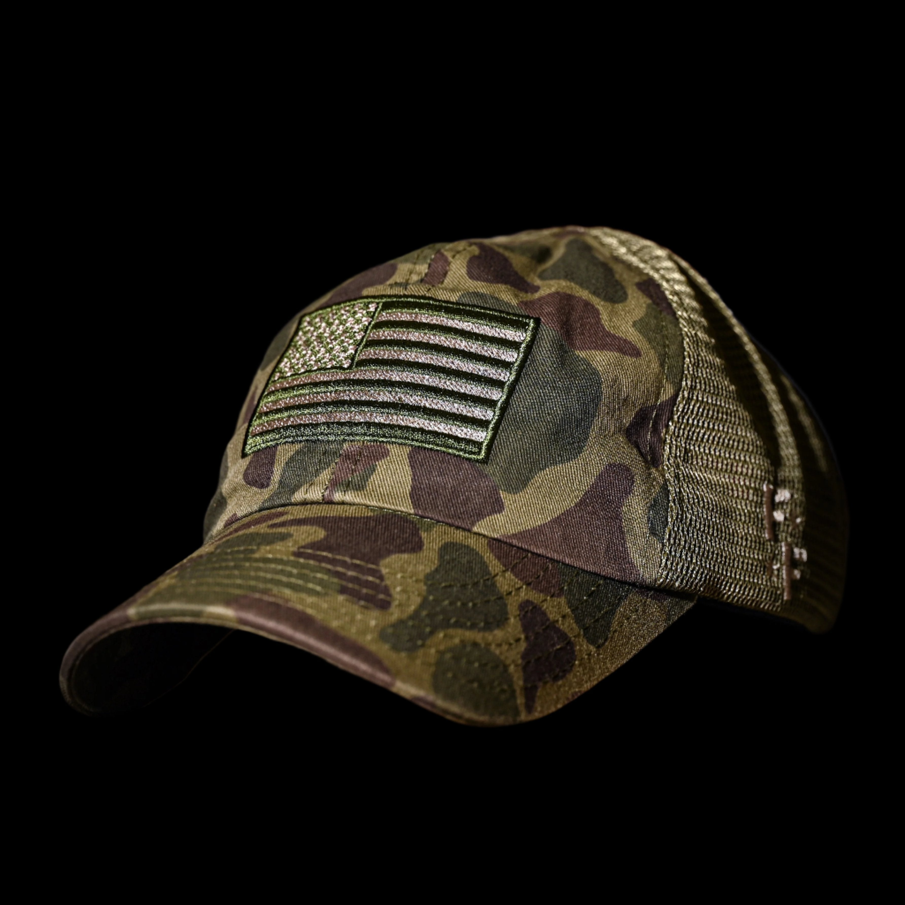 WWII FROG SKIN CAMO US FLAG RANGE TRUCKER HAT