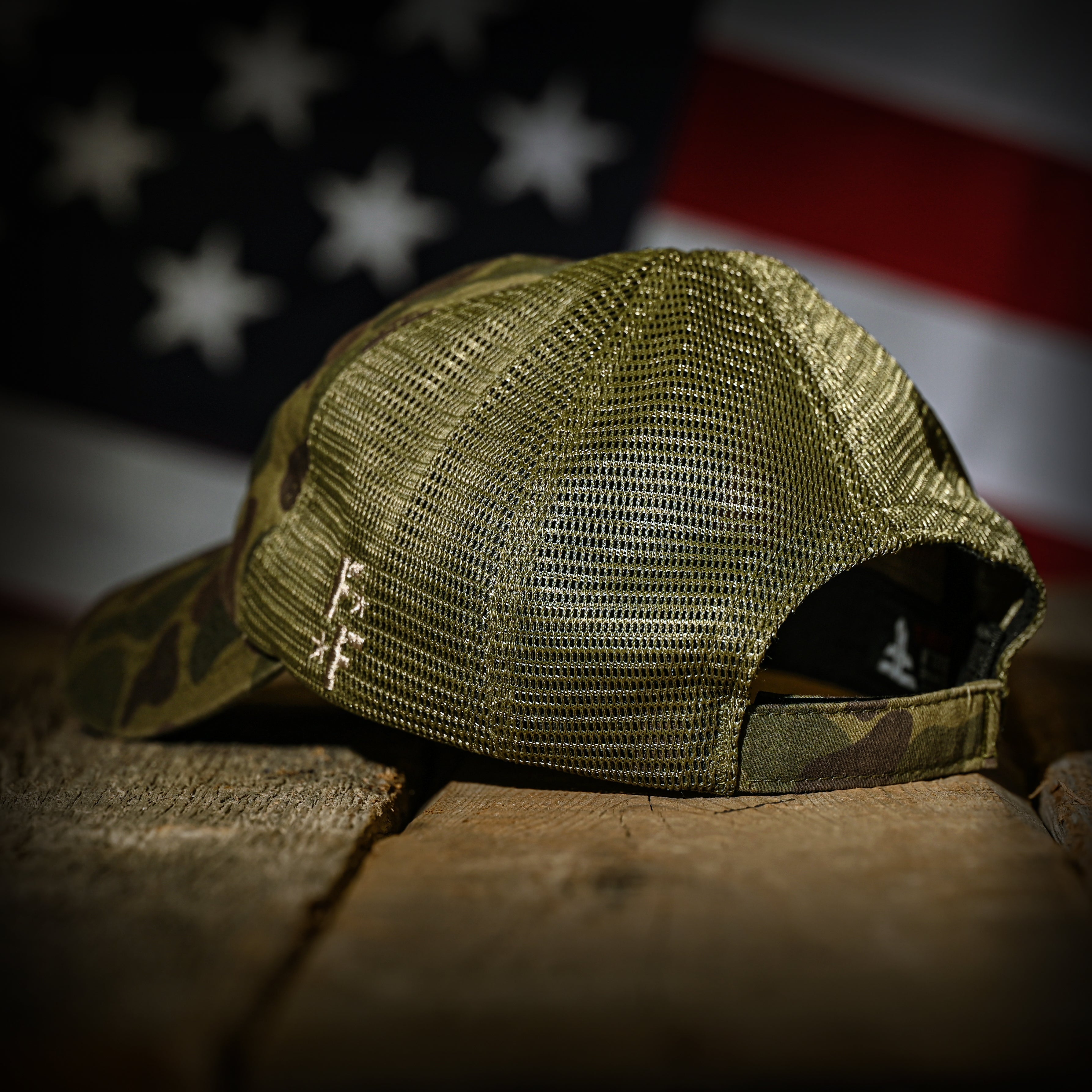 WWII FROG SKIN CAMO US FLAG RANGE TRUCKER HAT