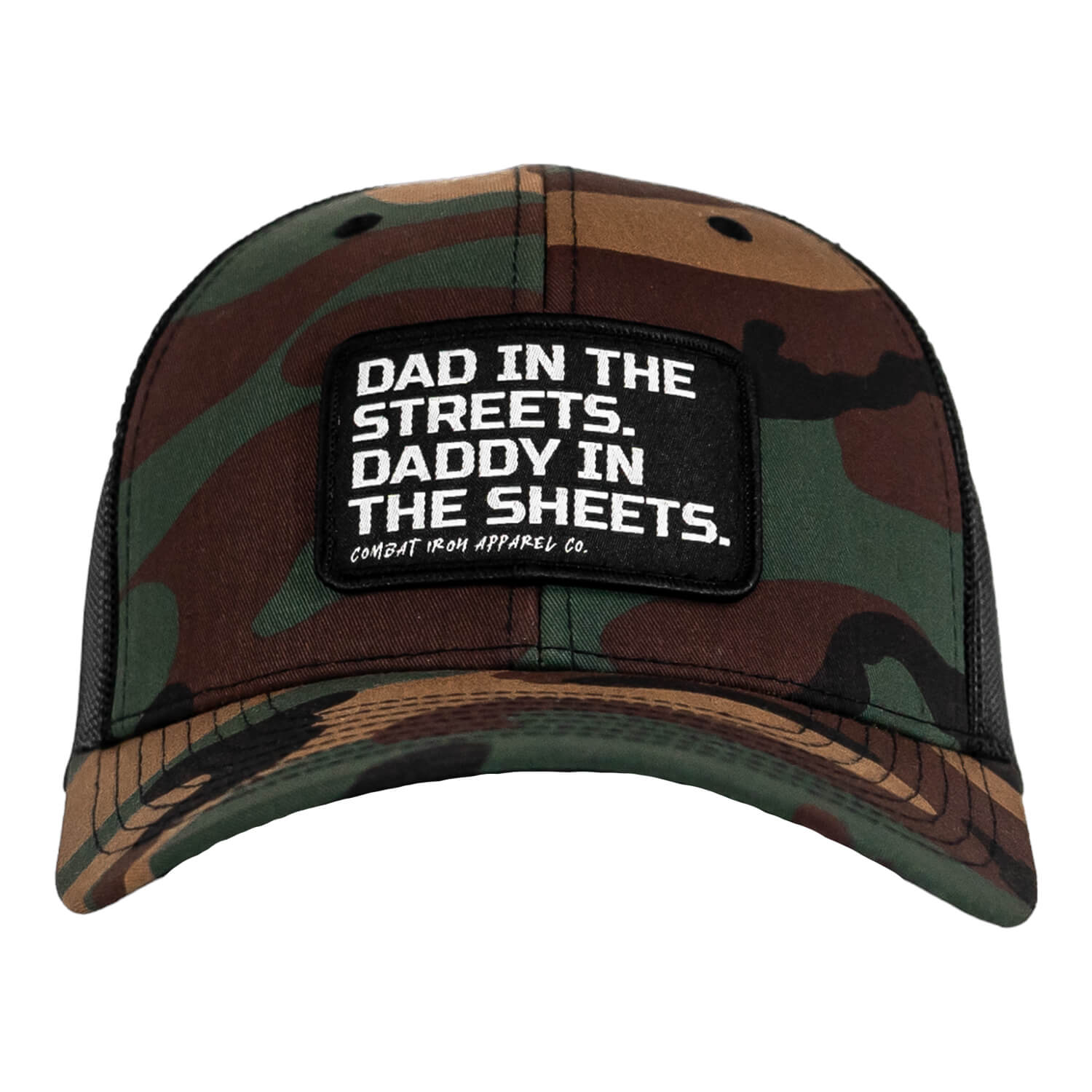 DAD IN THE STREETS. DADDY IN THE SHEETS. BLACK PATCH SNAPBACK HAT