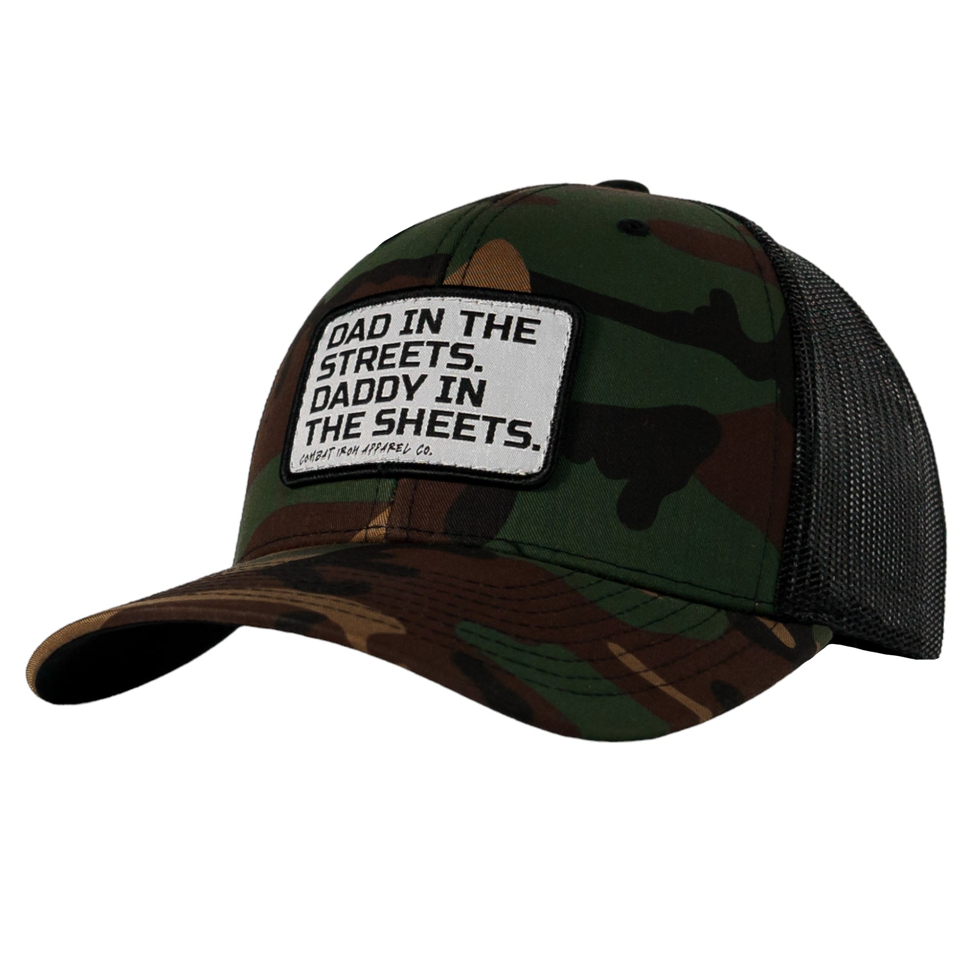 DAD IN THE STREETS. DADDY IN THE SHEETS. White Patch SnapBack HAT