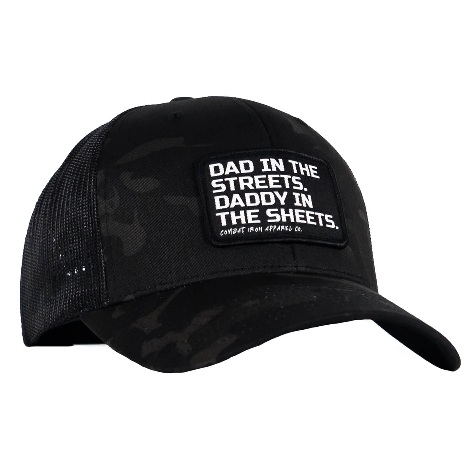 DAD IN THE STREETS. DADDY IN THE SHEETS. BLACK PATCH SNAPBACK HAT