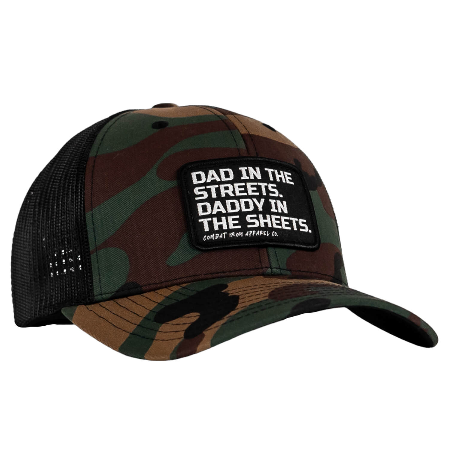 DAD IN THE STREETS. DADDY IN THE SHEETS. BLACK PATCH SNAPBACK HAT