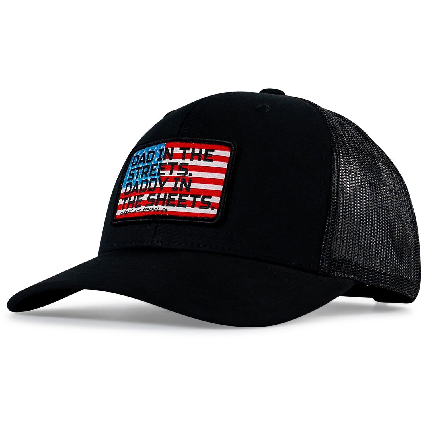 DAD IN THE STREETS. DADDY IN THE SHEETS. USA Flag Patch SnapBack HAT