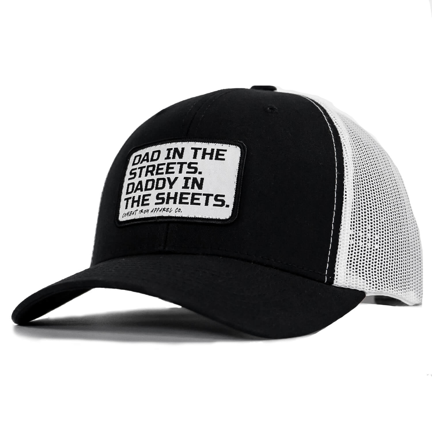 DAD IN THE STREETS. DADDY IN THE SHEETS. White Patch SnapBack HAT