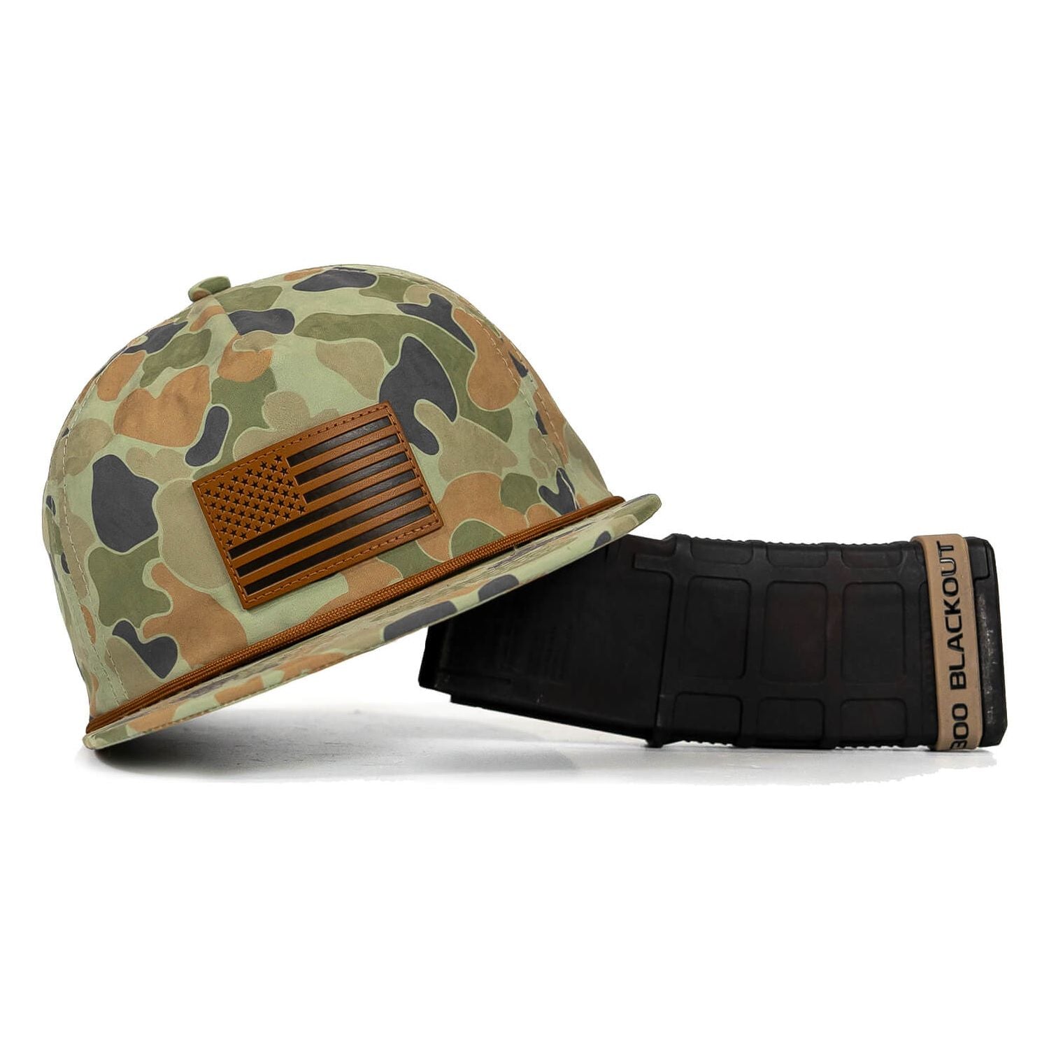 AMERICAN FLAG PATCH CRUSHABLE ROPE SNAPBACK | FROGSKIN DUCK CAMO HAT