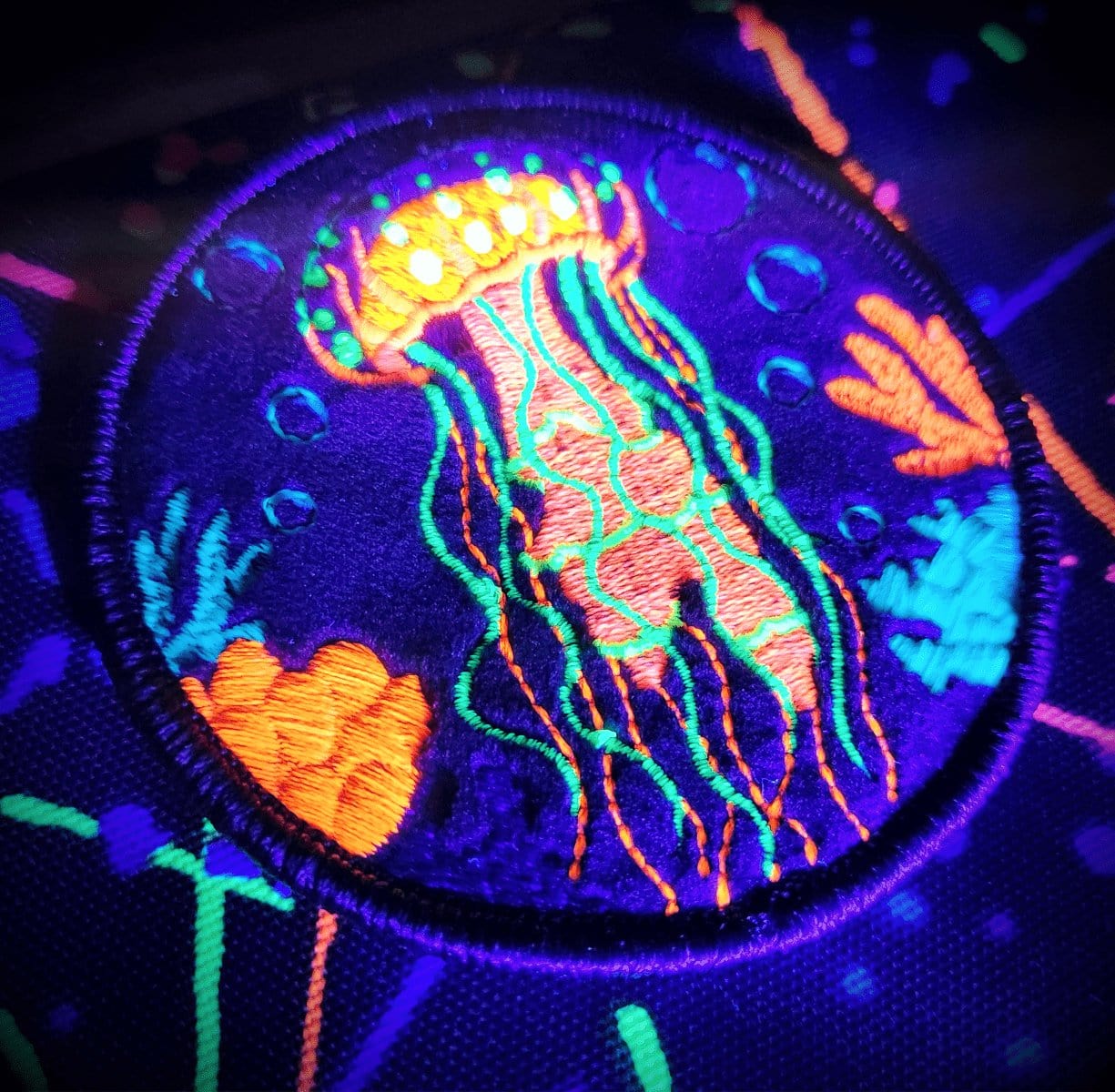 Blacklight Dark Blacklight Jellyfish Velvet Patch - Amp Up Your Wardrobe with Trippy, Eye-Catching Fluorescent Thread Magic