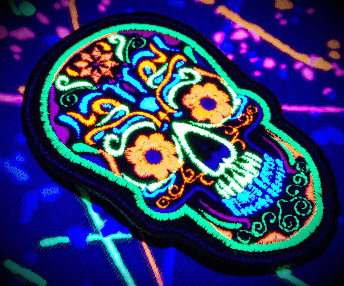 Blacklight Dark Blacklight Sugar Skull Velvet Patch - Amp Up Your Gear with Trippy, Eye-Catching Fluorescent Thread Magic